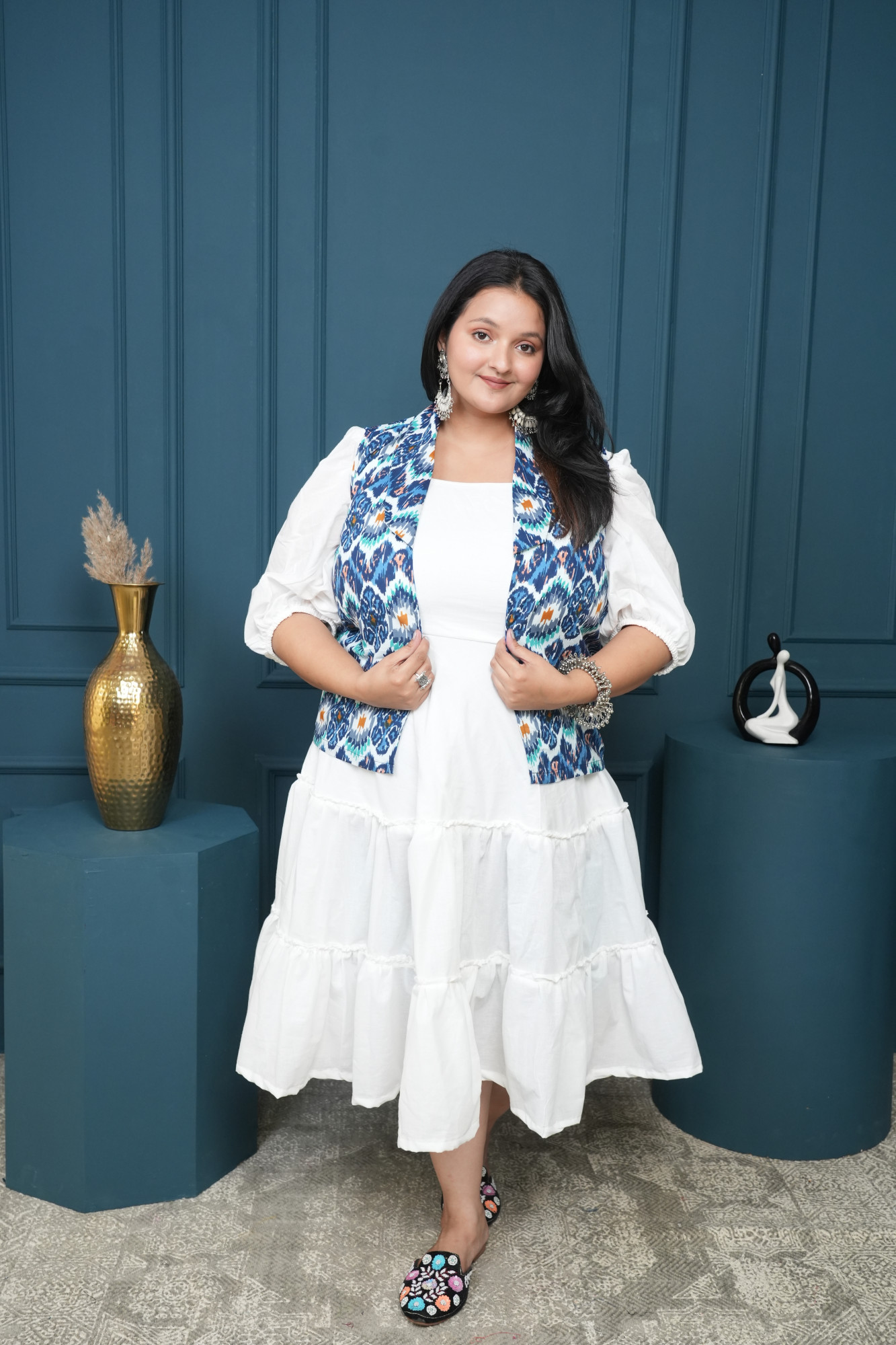 White Dress With Blue Printed Jacket