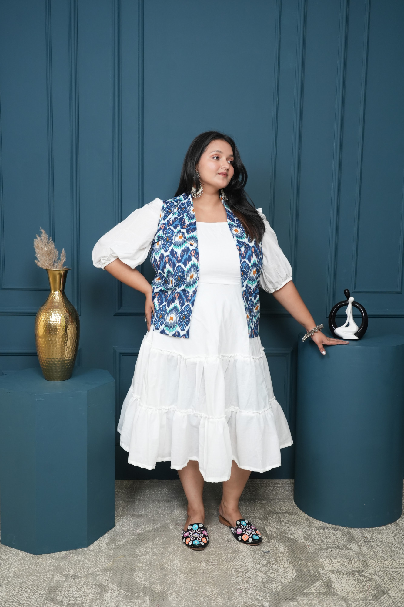 White Dress With Blue Printed Jacket