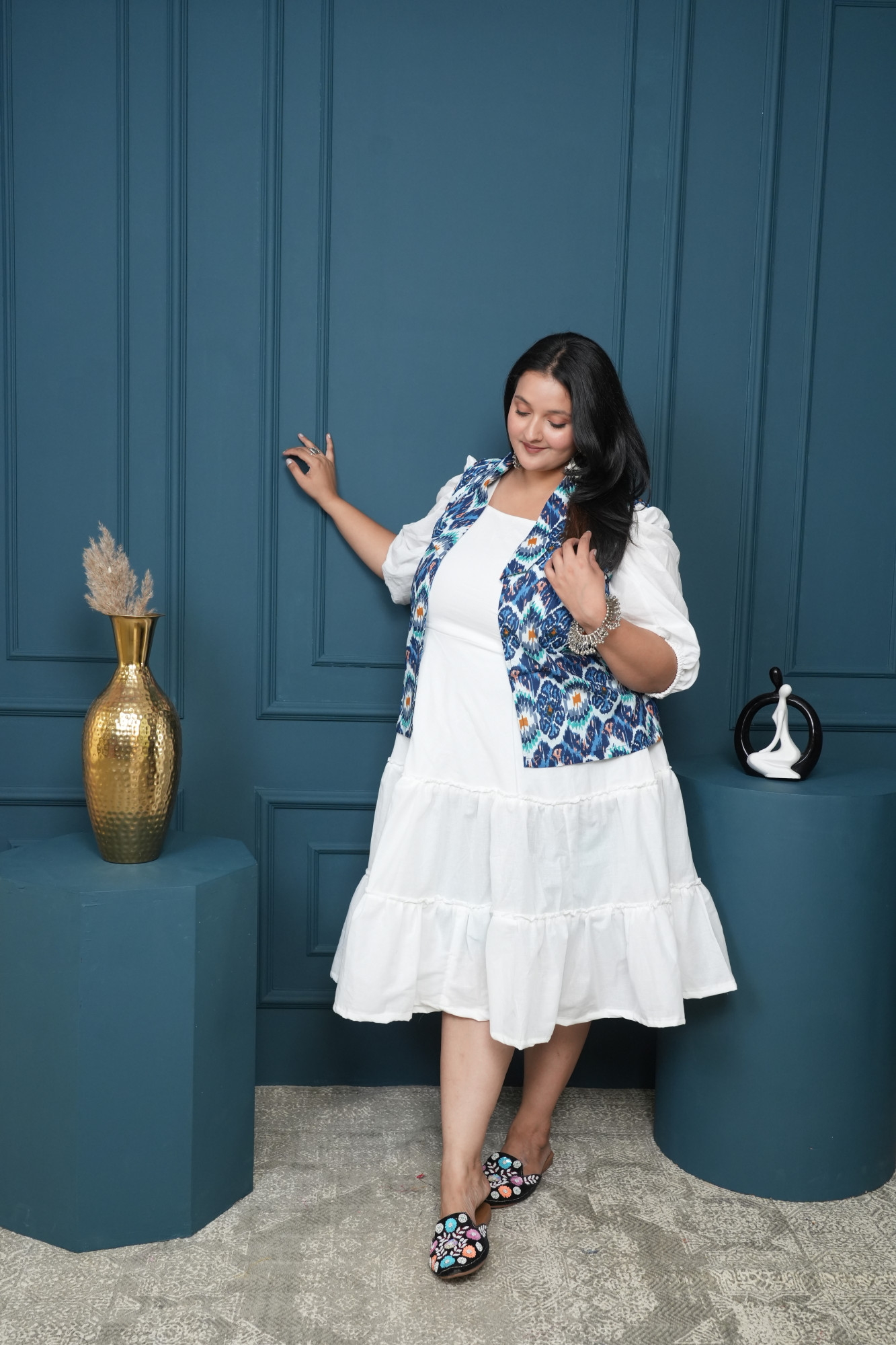 White Dress With Blue Printed Jacket