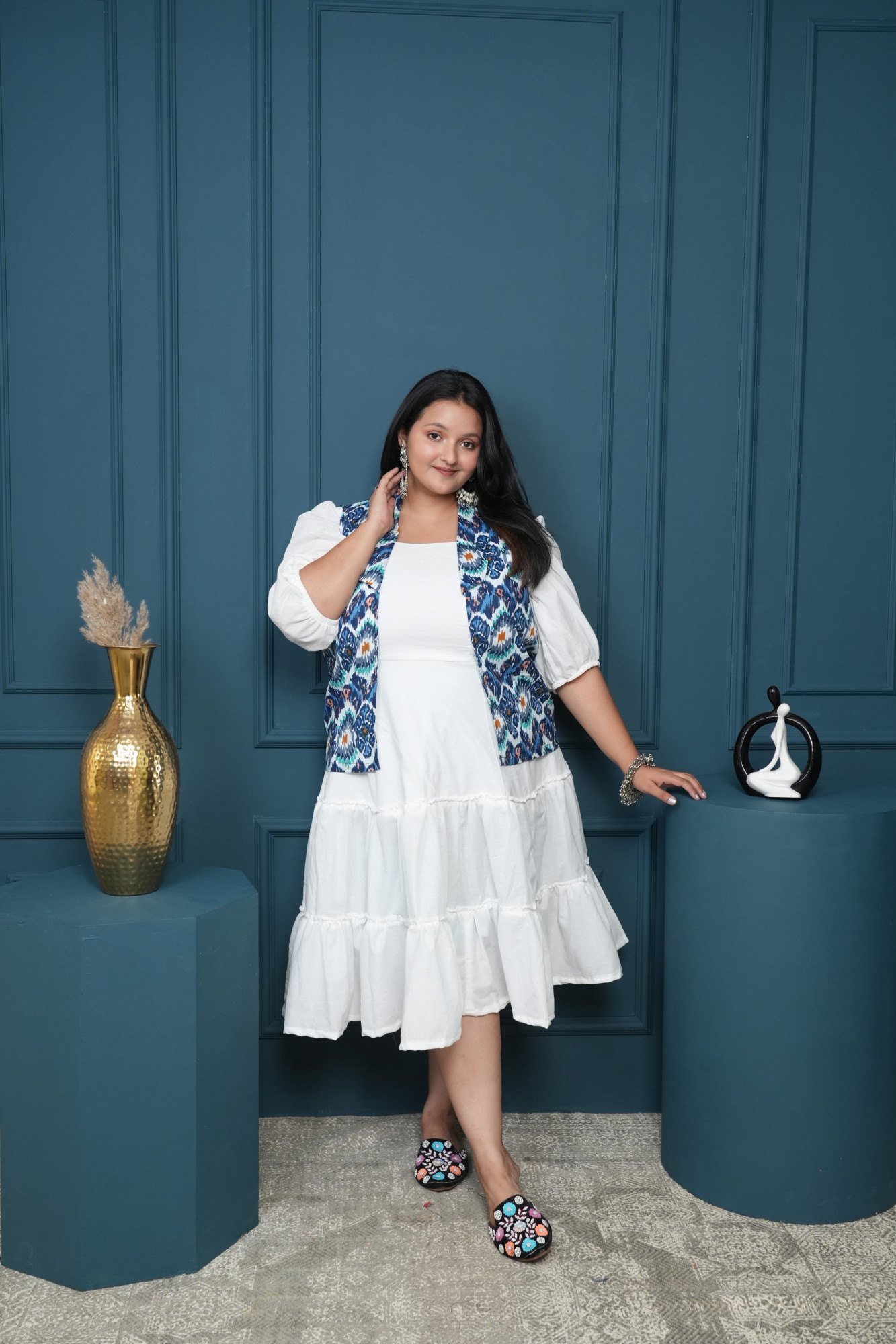 White Dress With Blue Printed Jacket