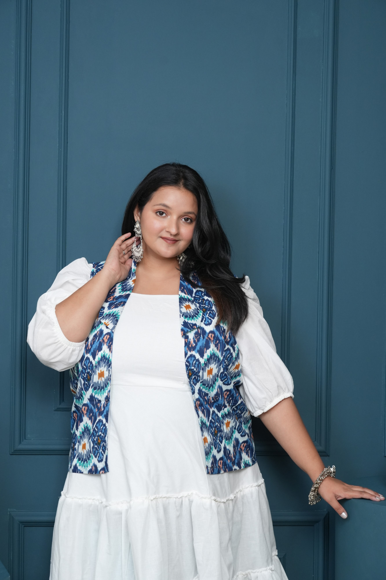 White Dress With Blue Printed Jacket