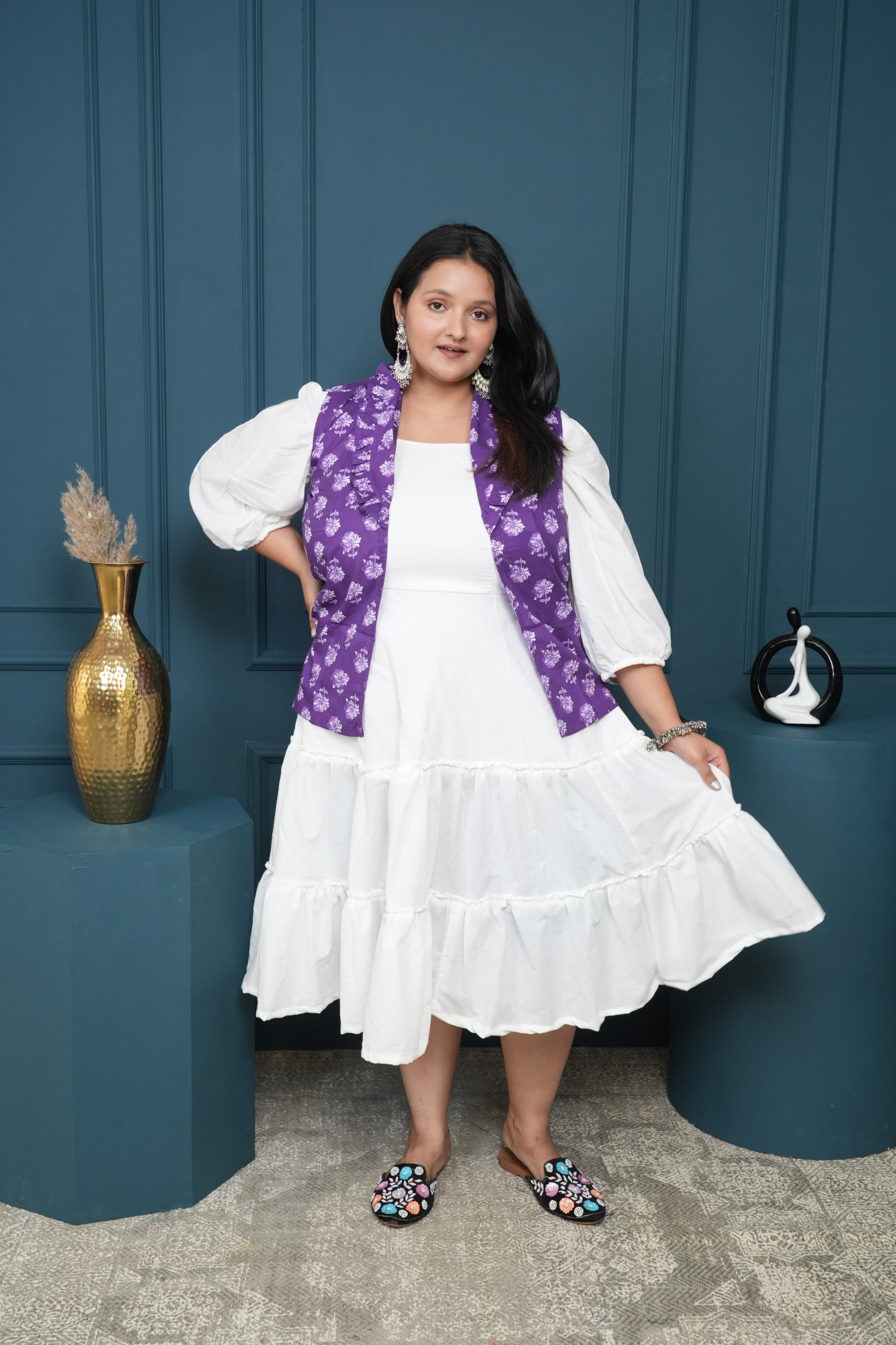 White Dress With Purple Printed Jacket