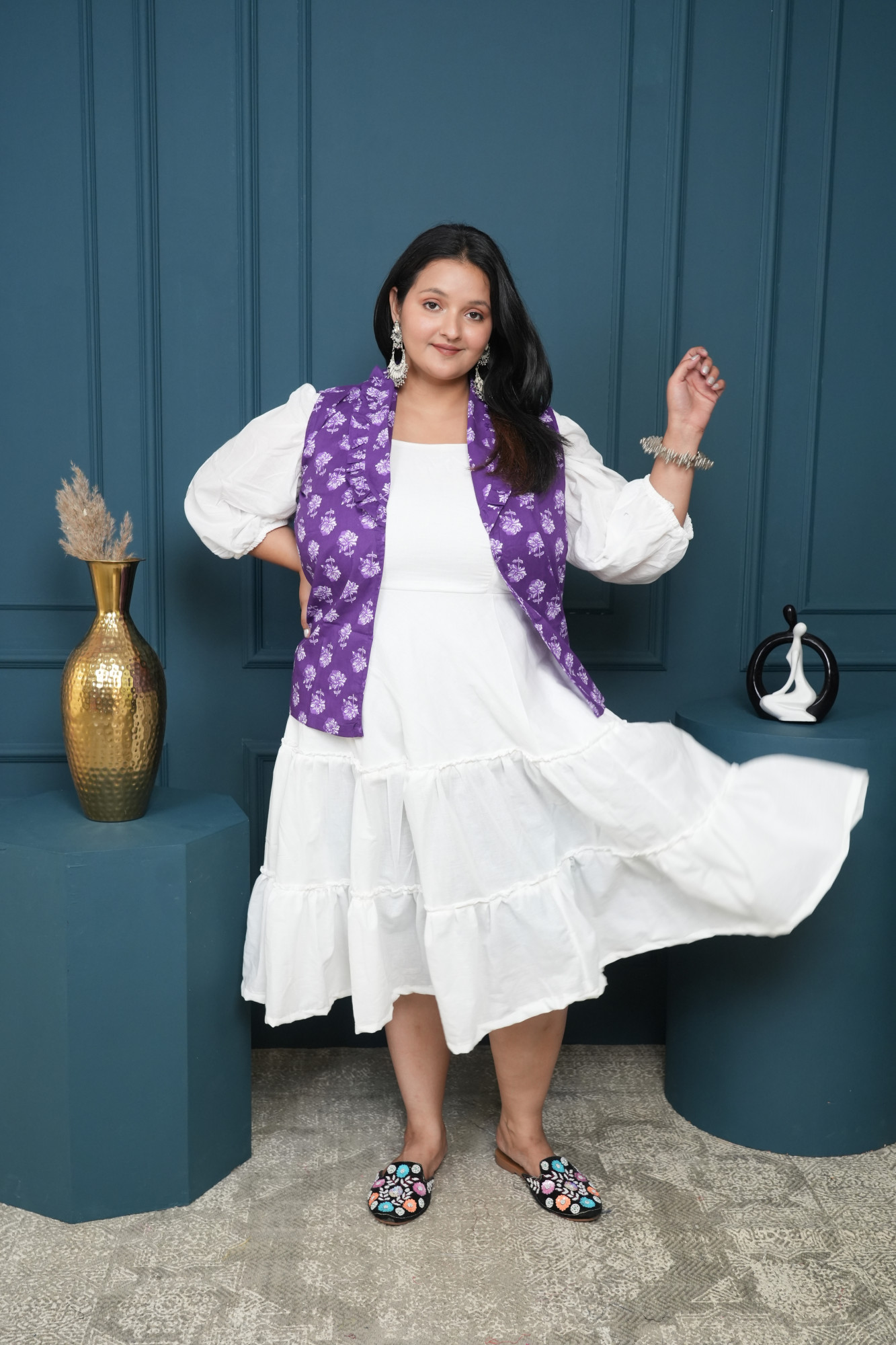 White Dress With Purple Printed Jacket