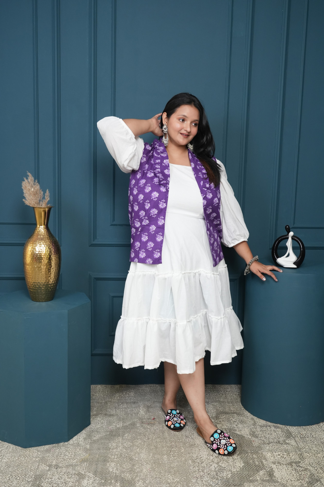 White Dress With Purple Printed Jacket