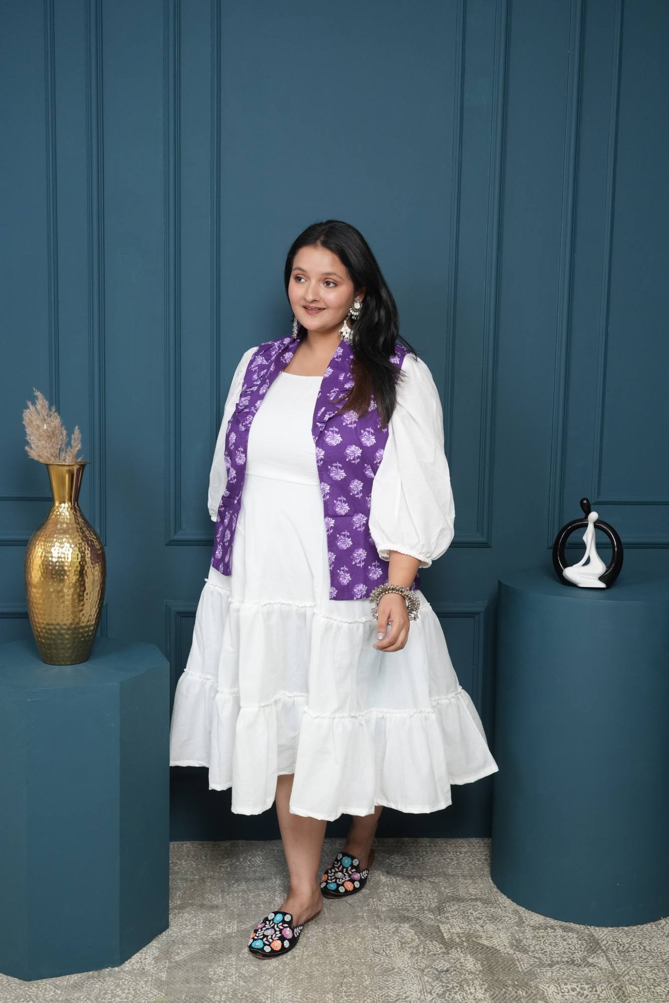 White Dress With Purple Printed Jacket