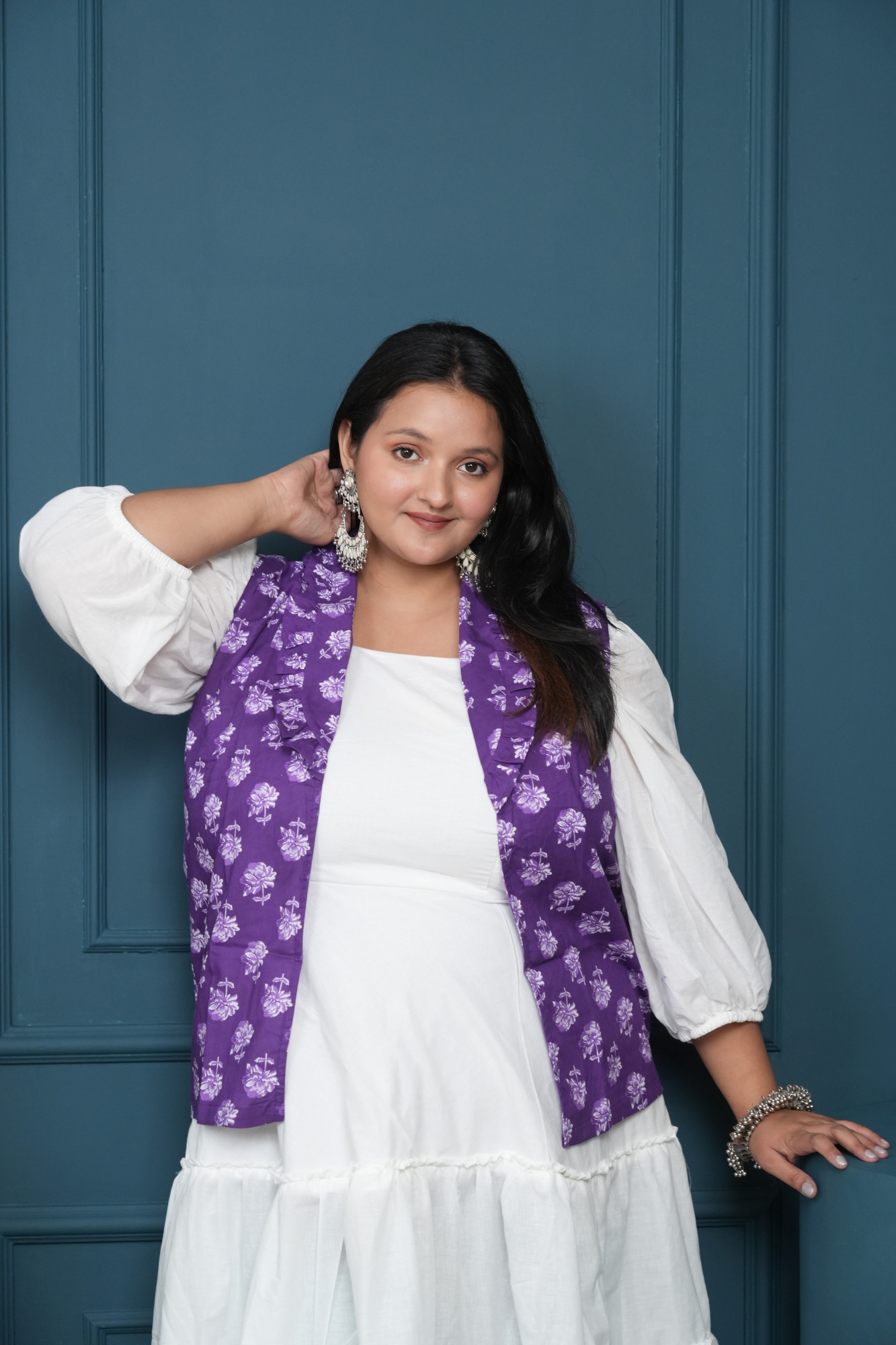 White Dress With Purple Printed Jacket