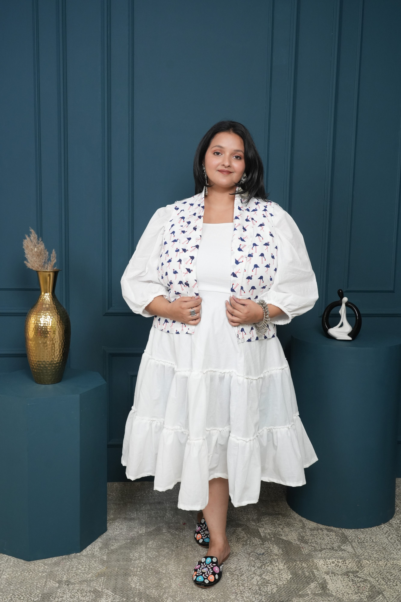 White Dress With White Swan Printed Jacket