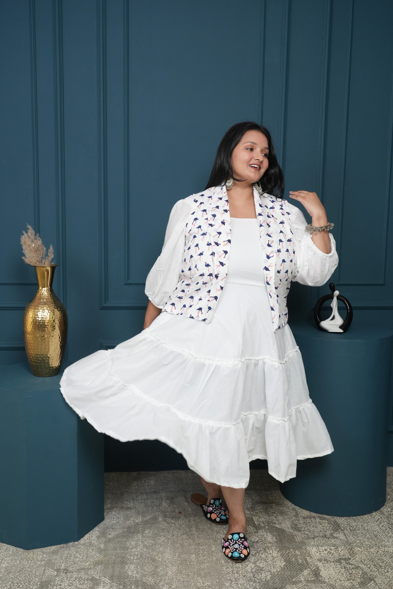 White Dress With White Swan Printed Jacket