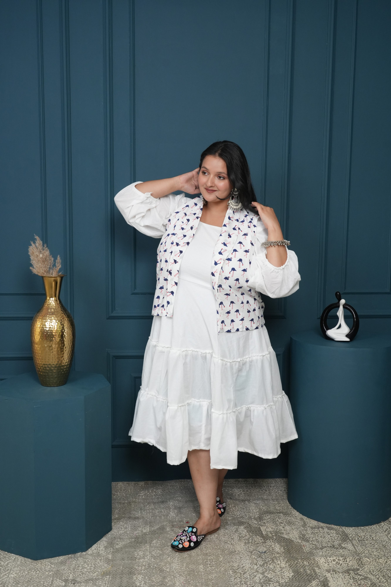 White Dress With White Swan Printed Jacket