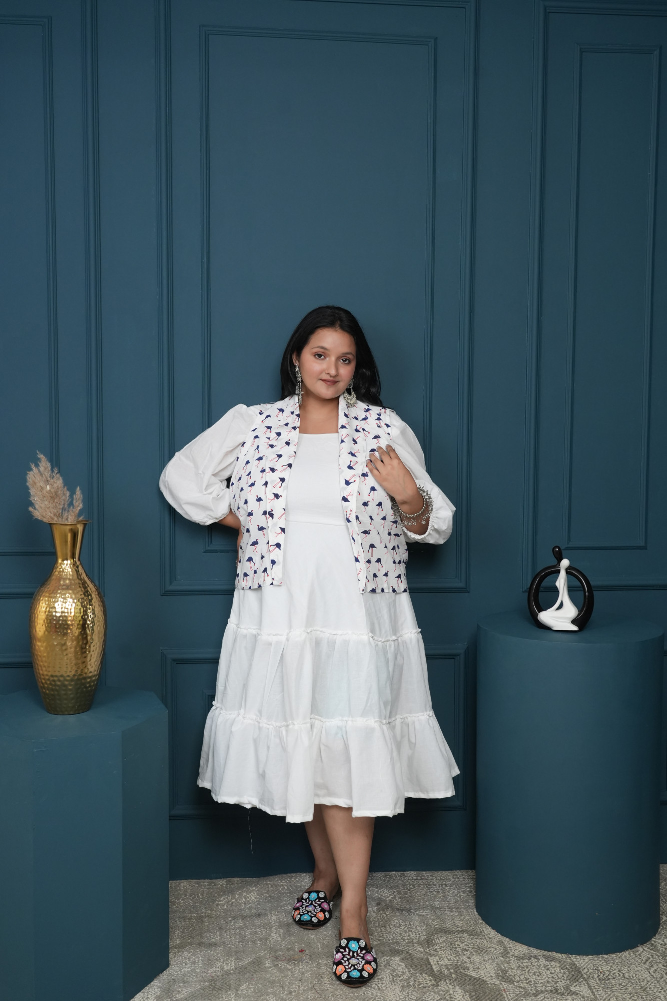 White Dress With White Swan Printed Jacket