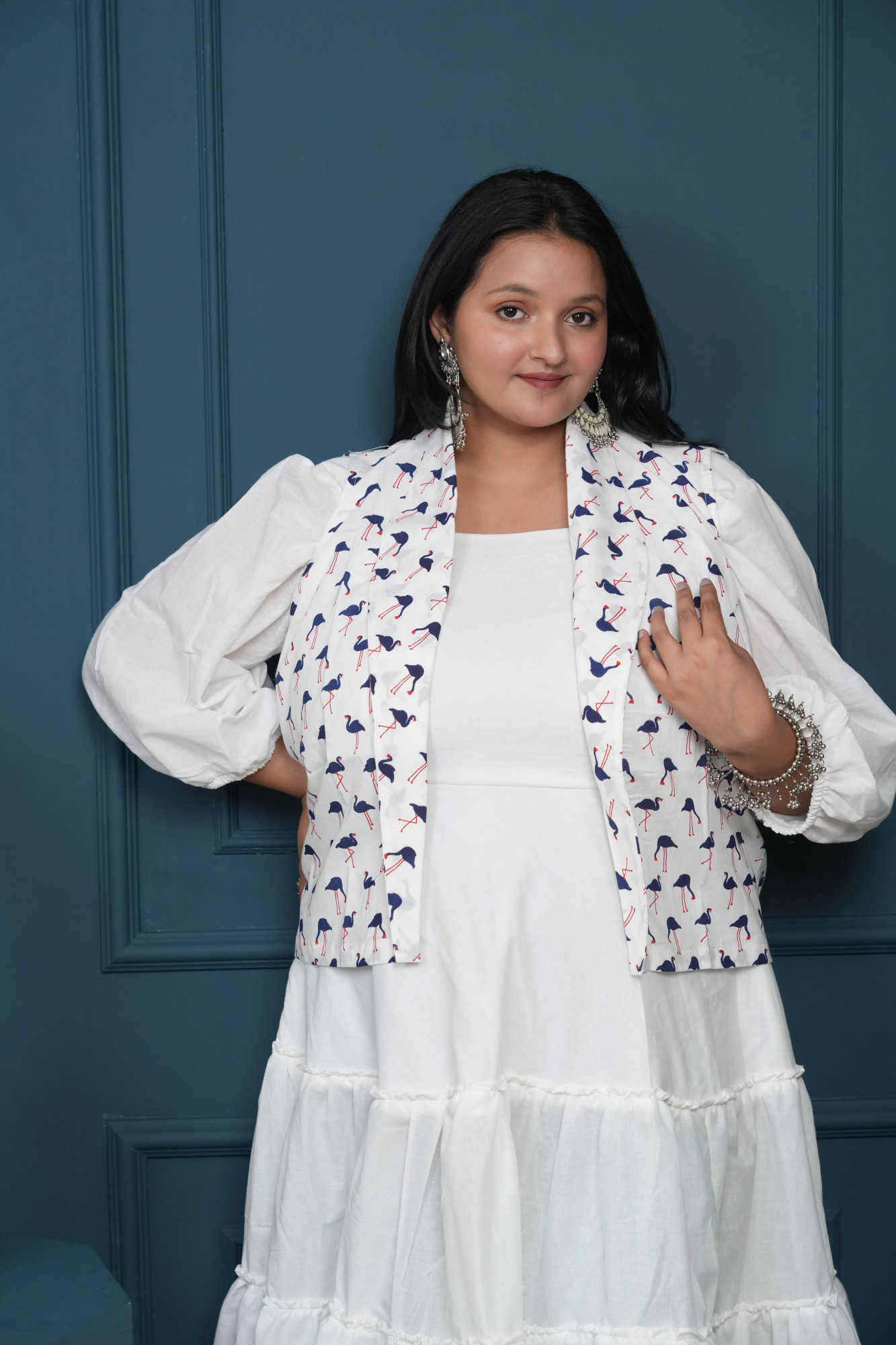 White Dress With White Swan Printed Jacket