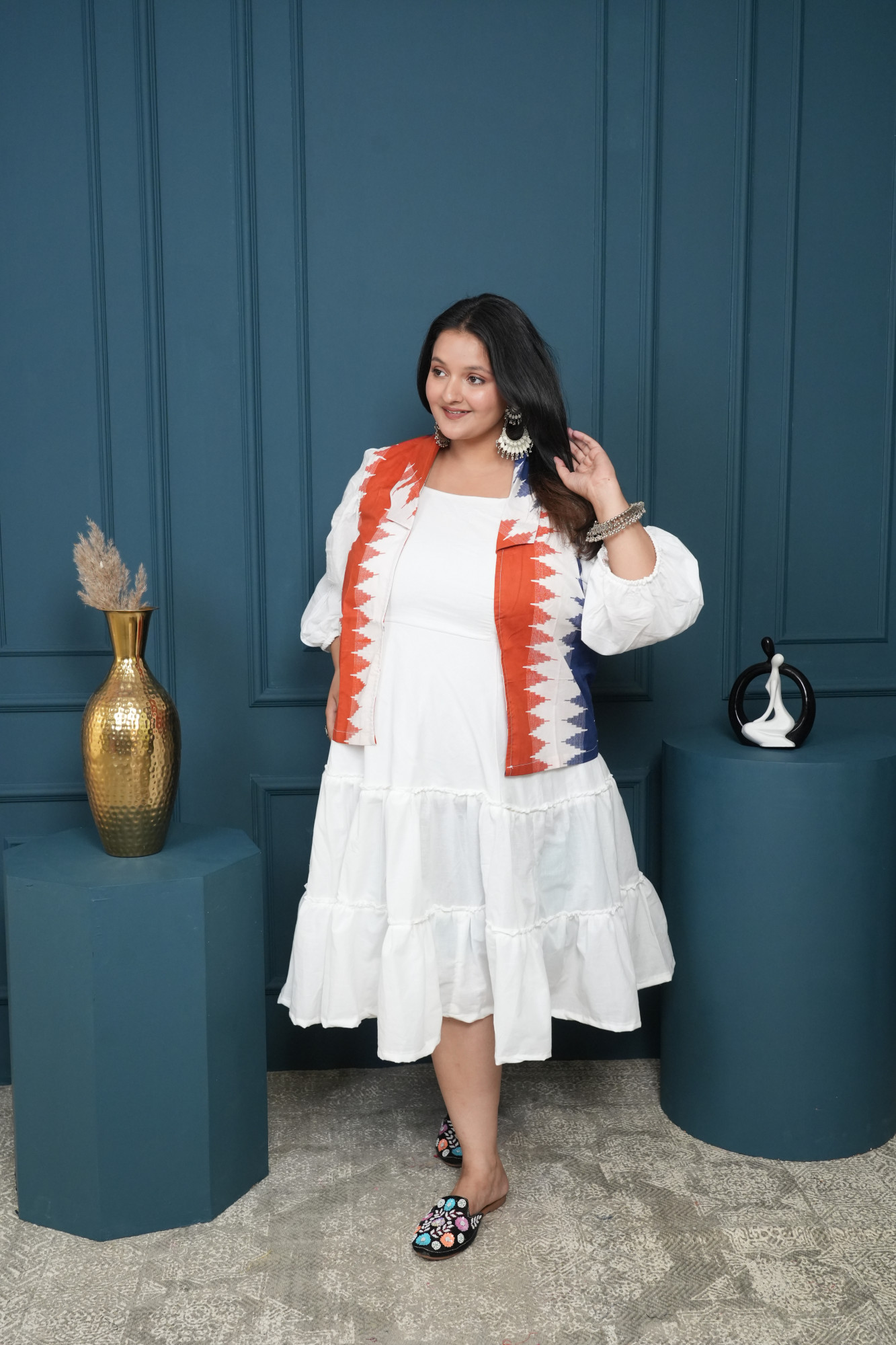 White Dress With Printed Jacket