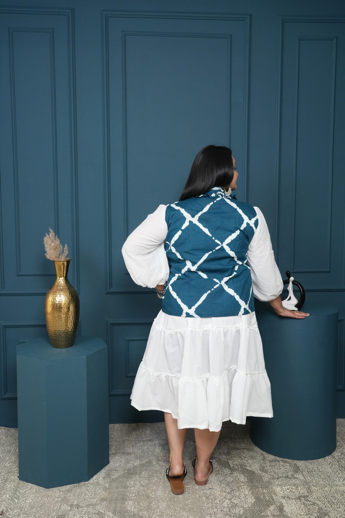 White Dress With Blue Printed Jacket