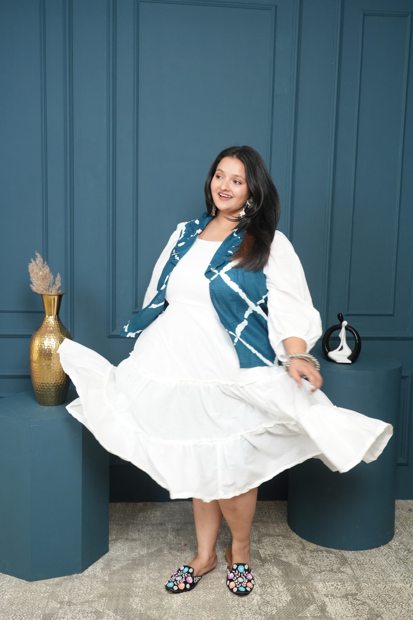 White Dress With Blue Printed Jacket
