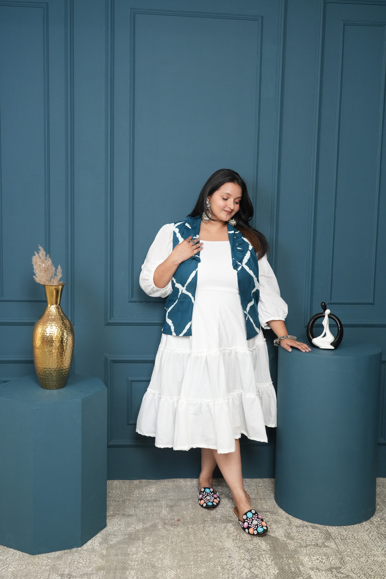 White Dress With Blue Printed Jacket