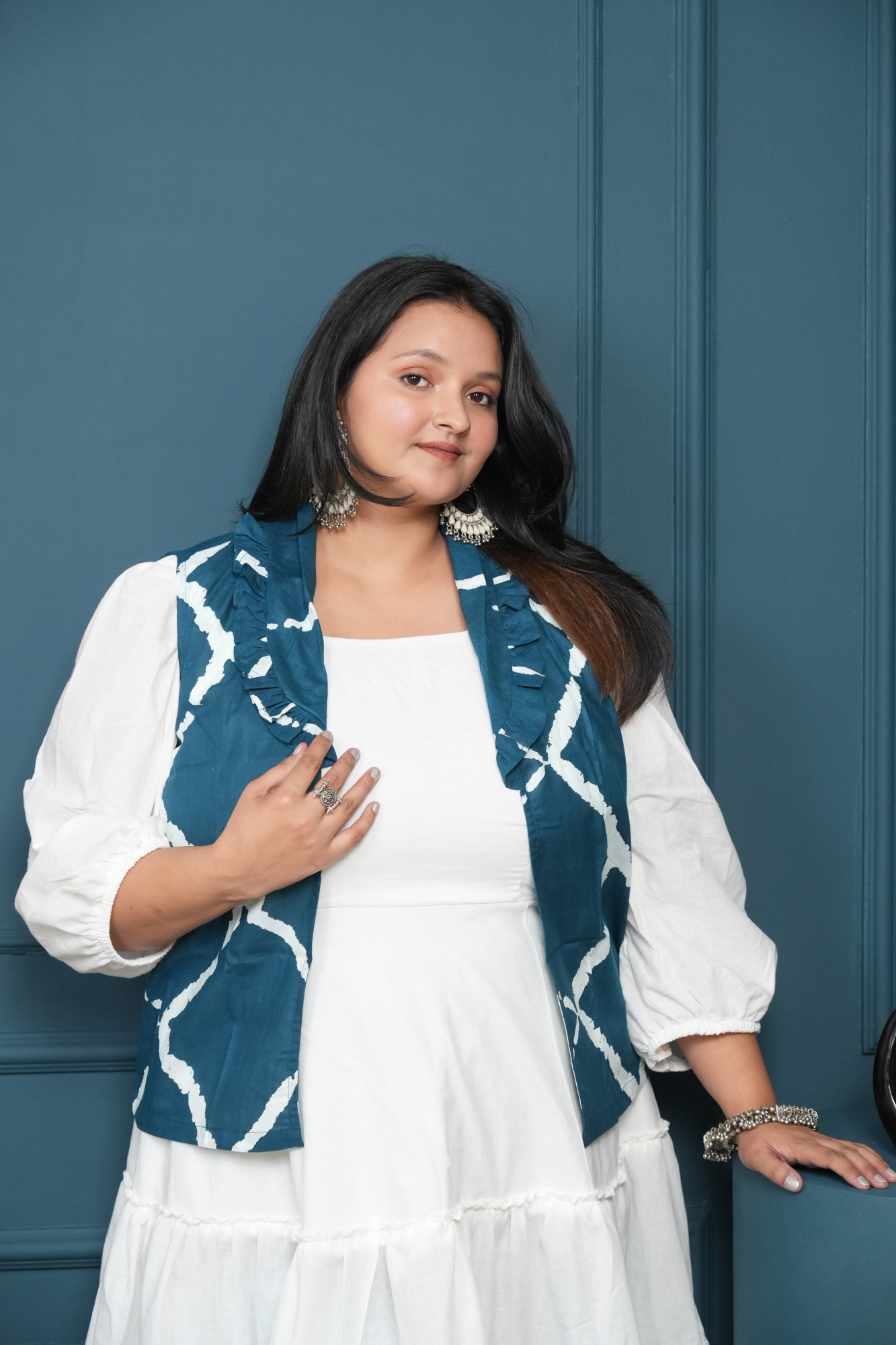 White Dress With Blue Printed Jacket