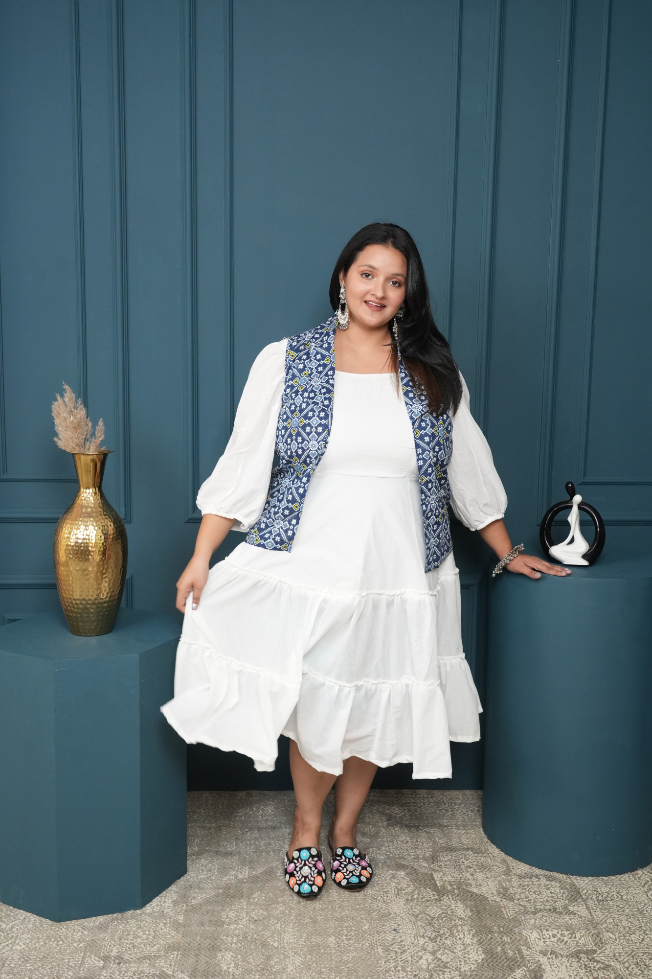 White Dress With Printed Jacket