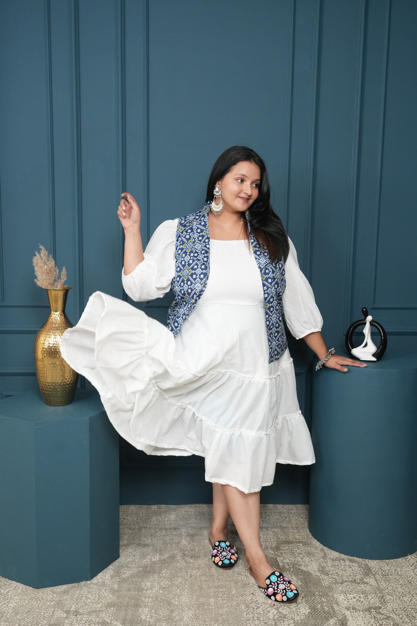 White Dress With Printed Jacket