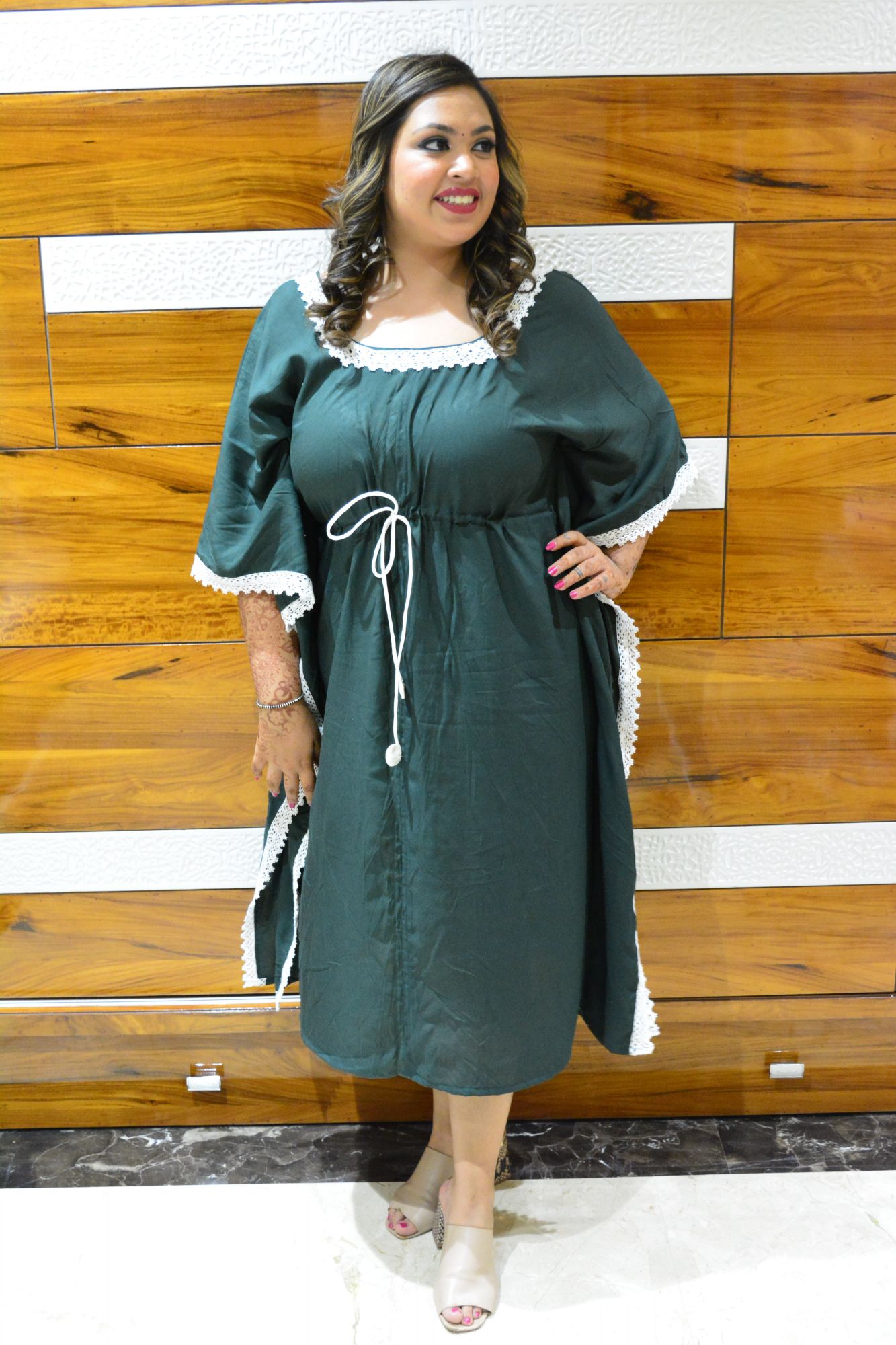 Pine Chikan Laced Kaftan