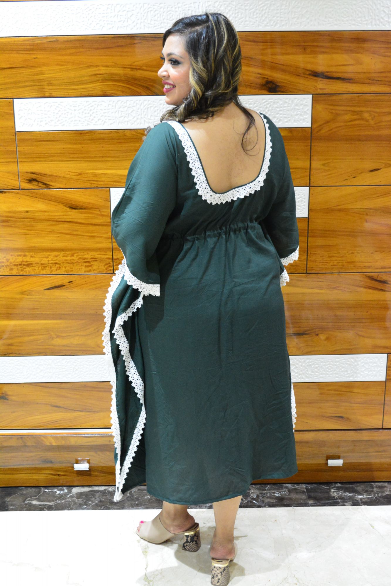 Pine Chikan Laced Kaftan
