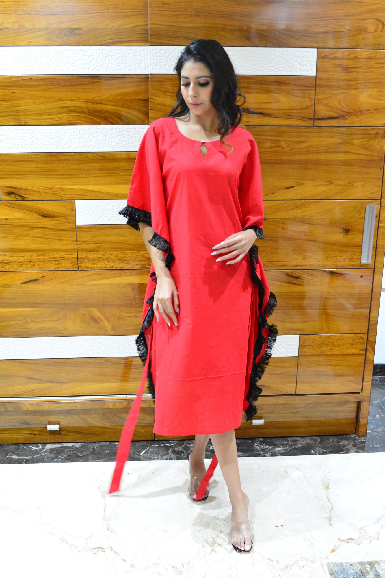 Coral Black Fringes Kaftan
