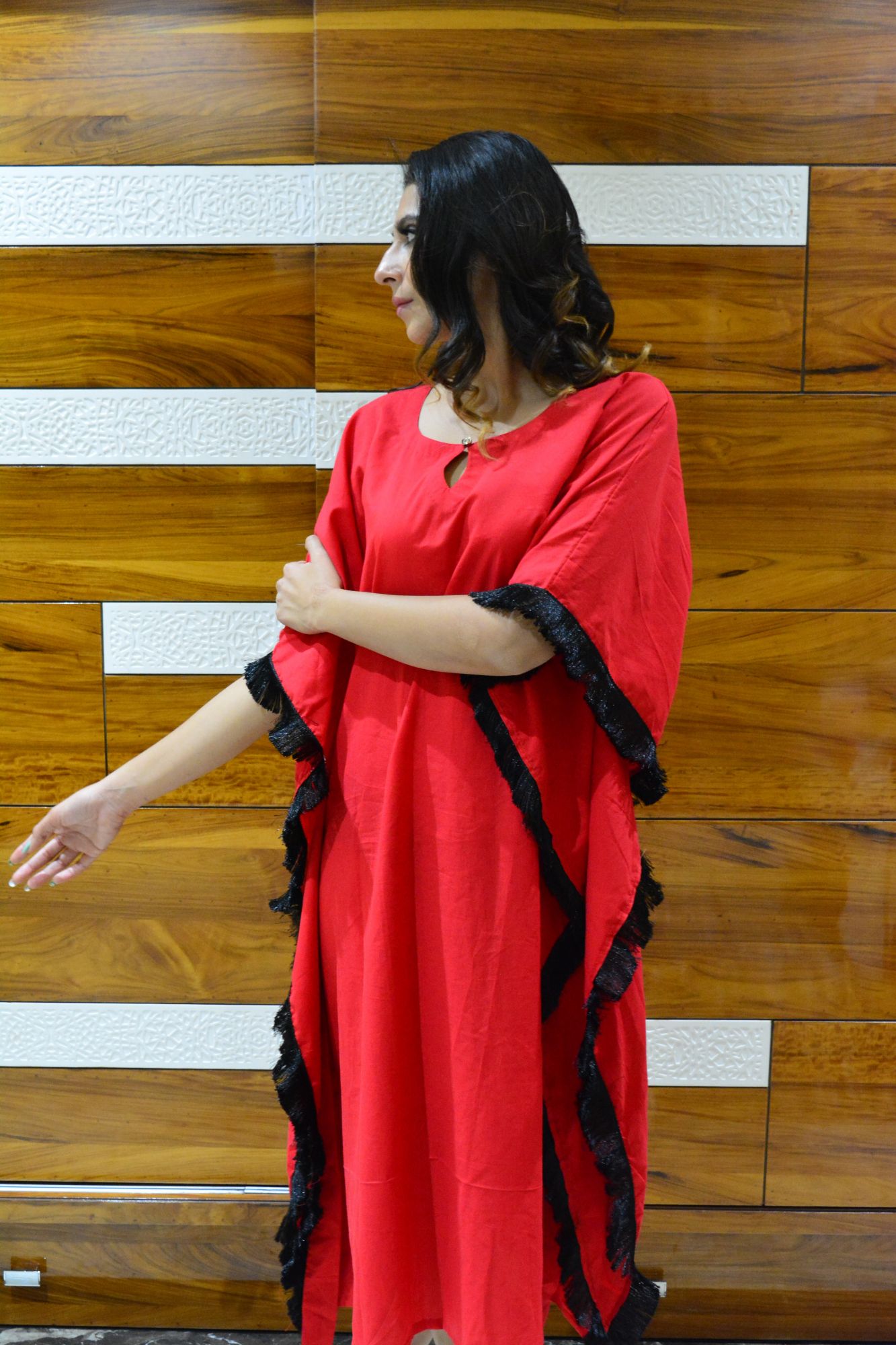 Coral Black Fringes Kaftan