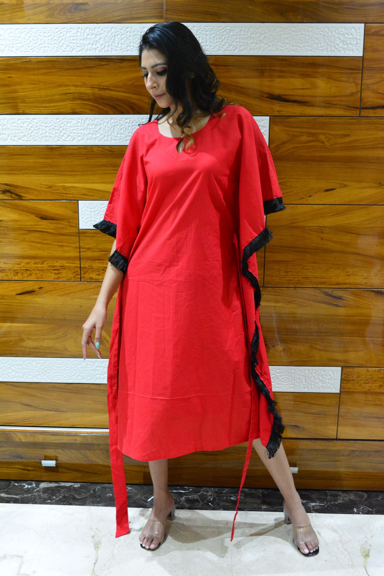 Coral Black Fringes Kaftan