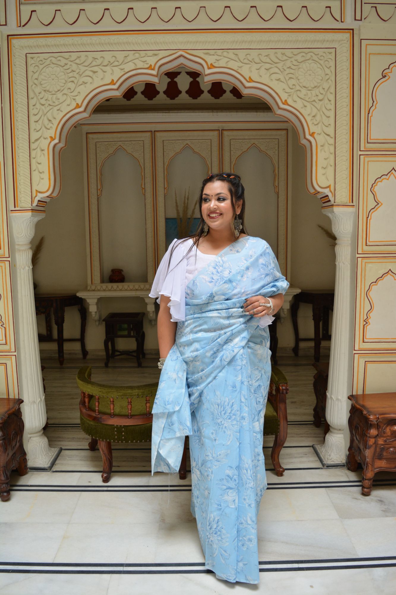 Sky Blue White Floral Saree