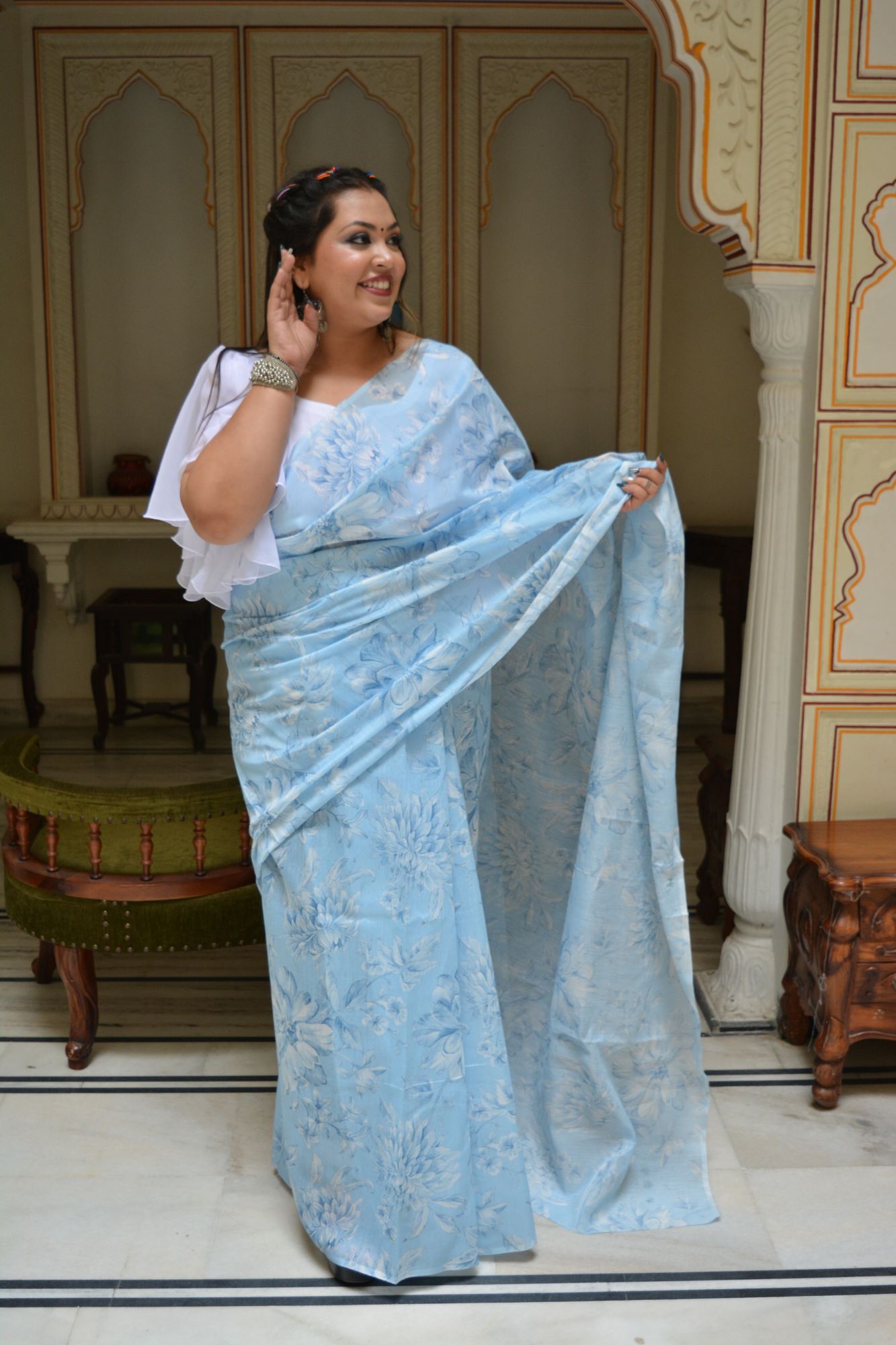 Sky Blue White Floral Saree