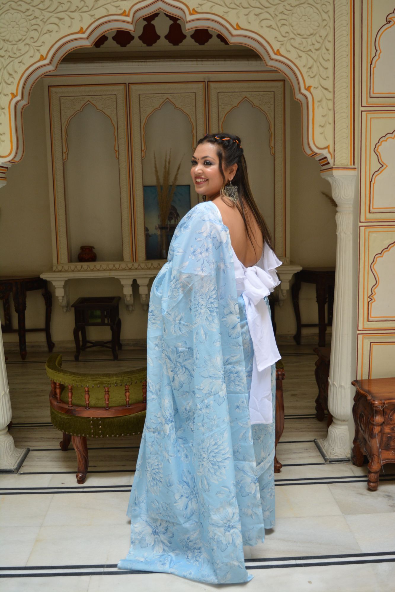 Sky Blue White Floral Saree