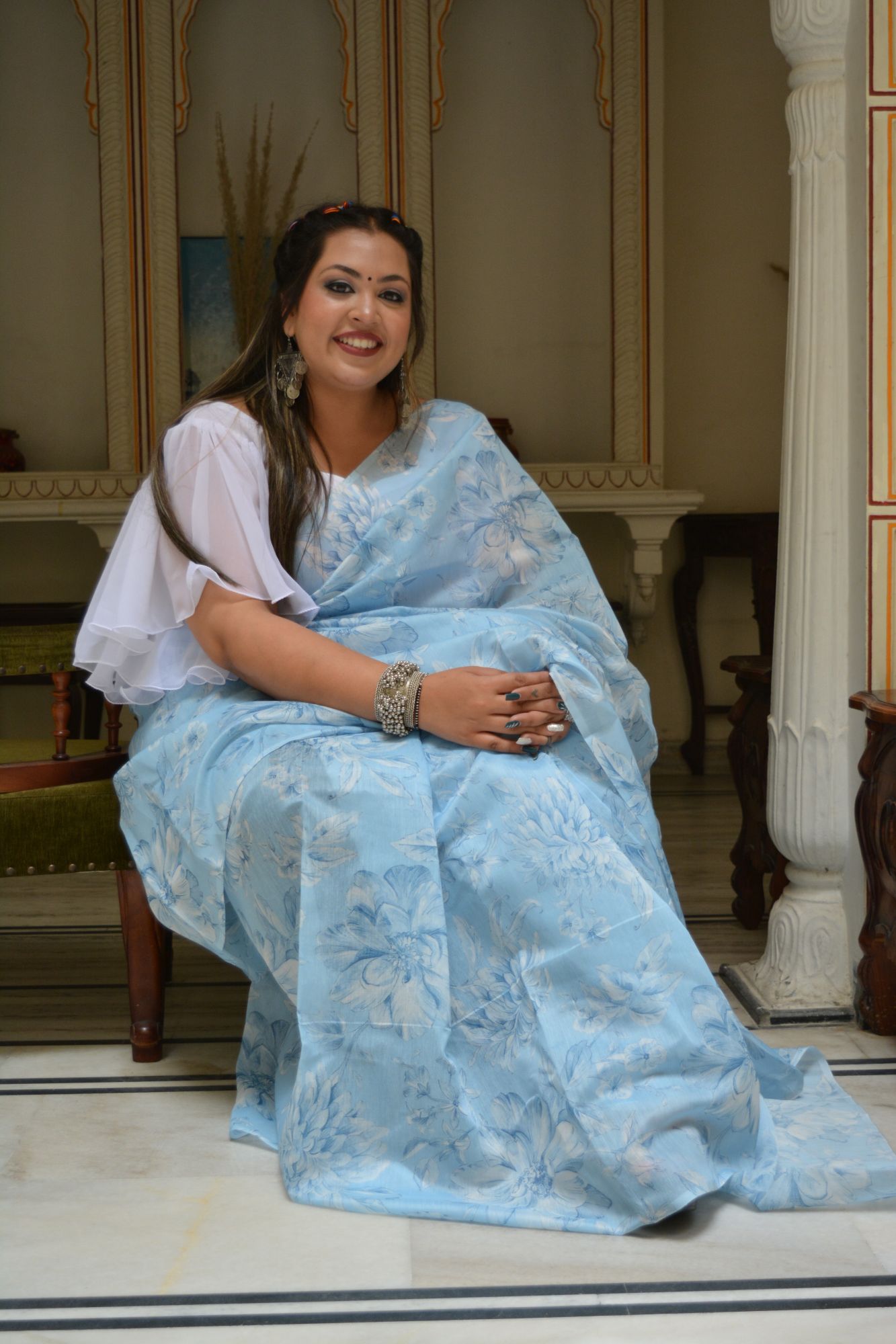 Sky Blue White Floral Saree