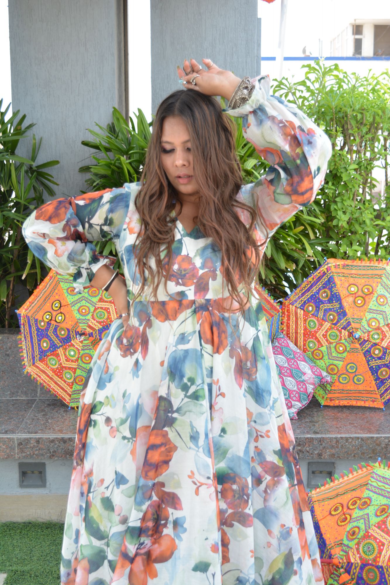 White And Green Floral Chanderi Dress