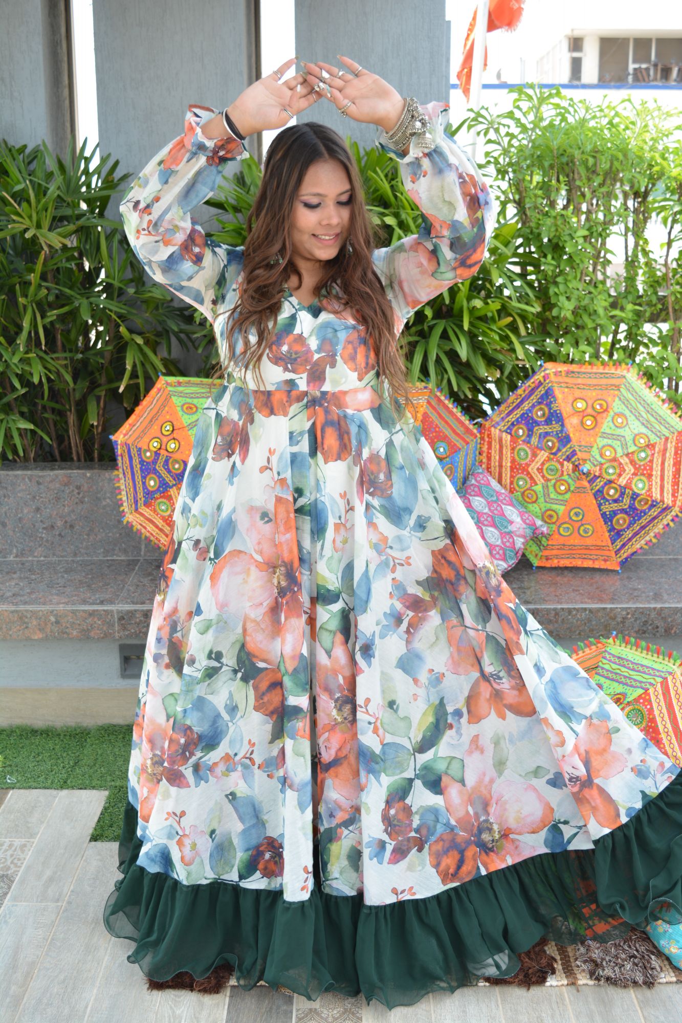 White And Green Floral Chanderi Dress