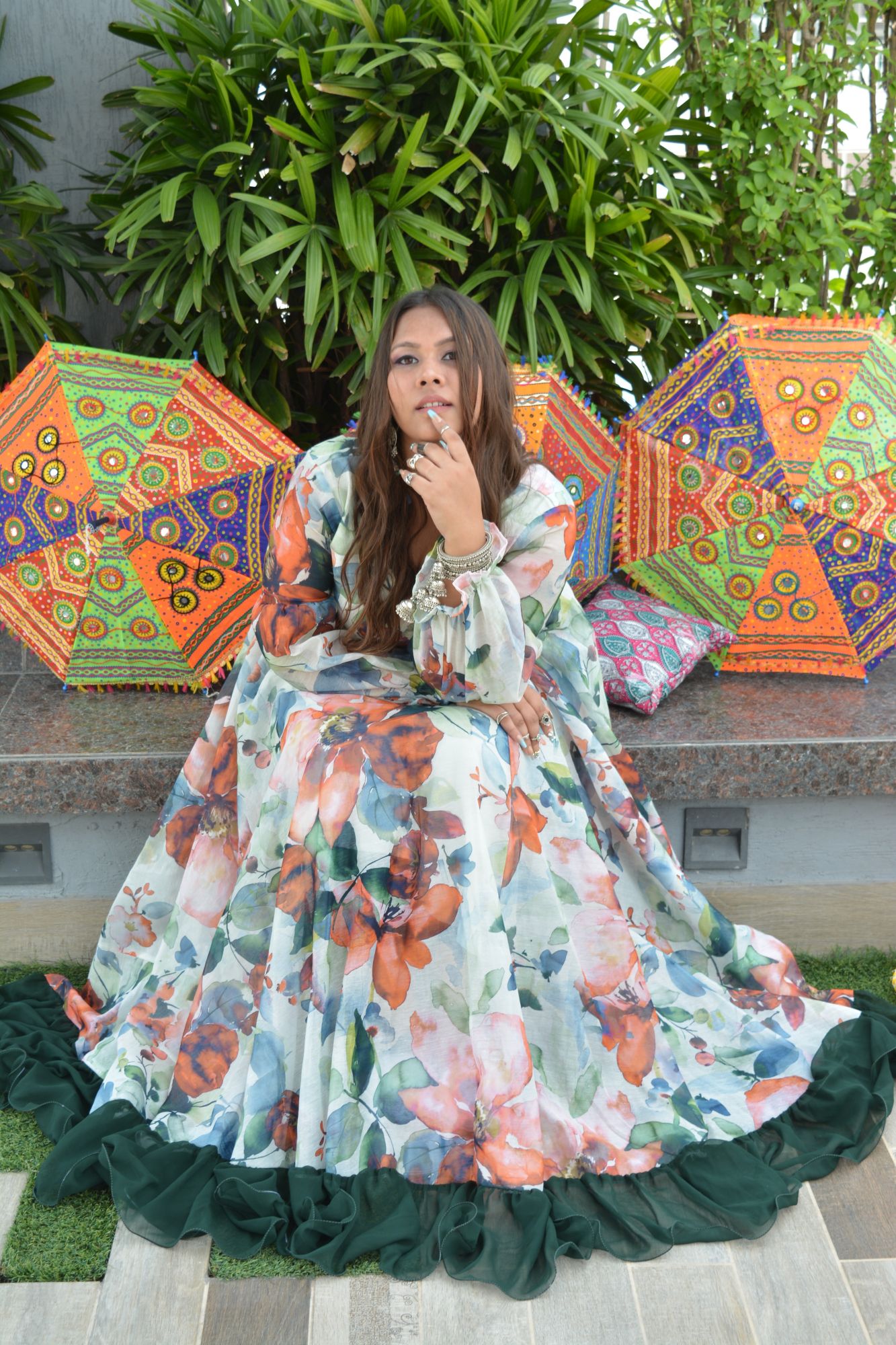 White And Green Floral Chanderi Dress