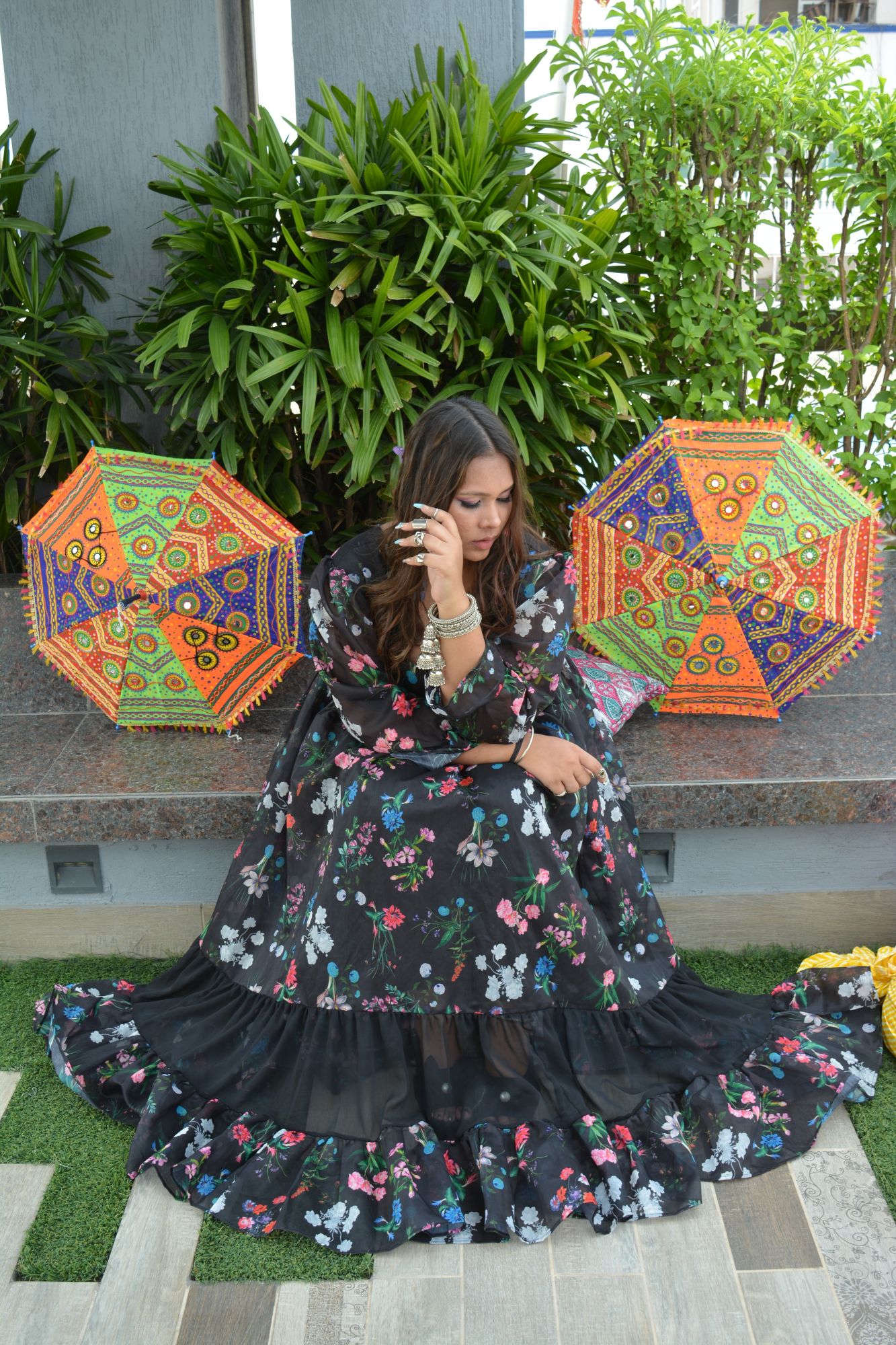 Black Floral Chanderi Dress