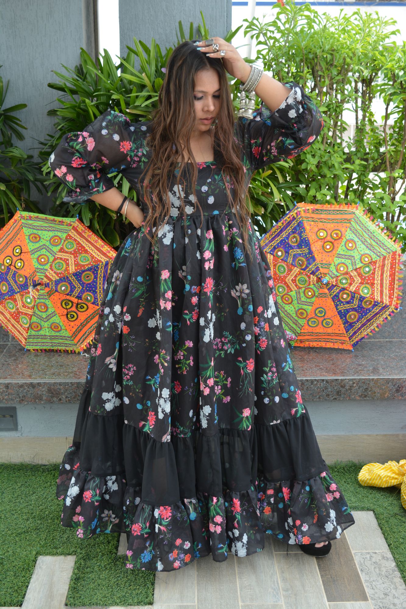 Black Floral Chanderi Dress