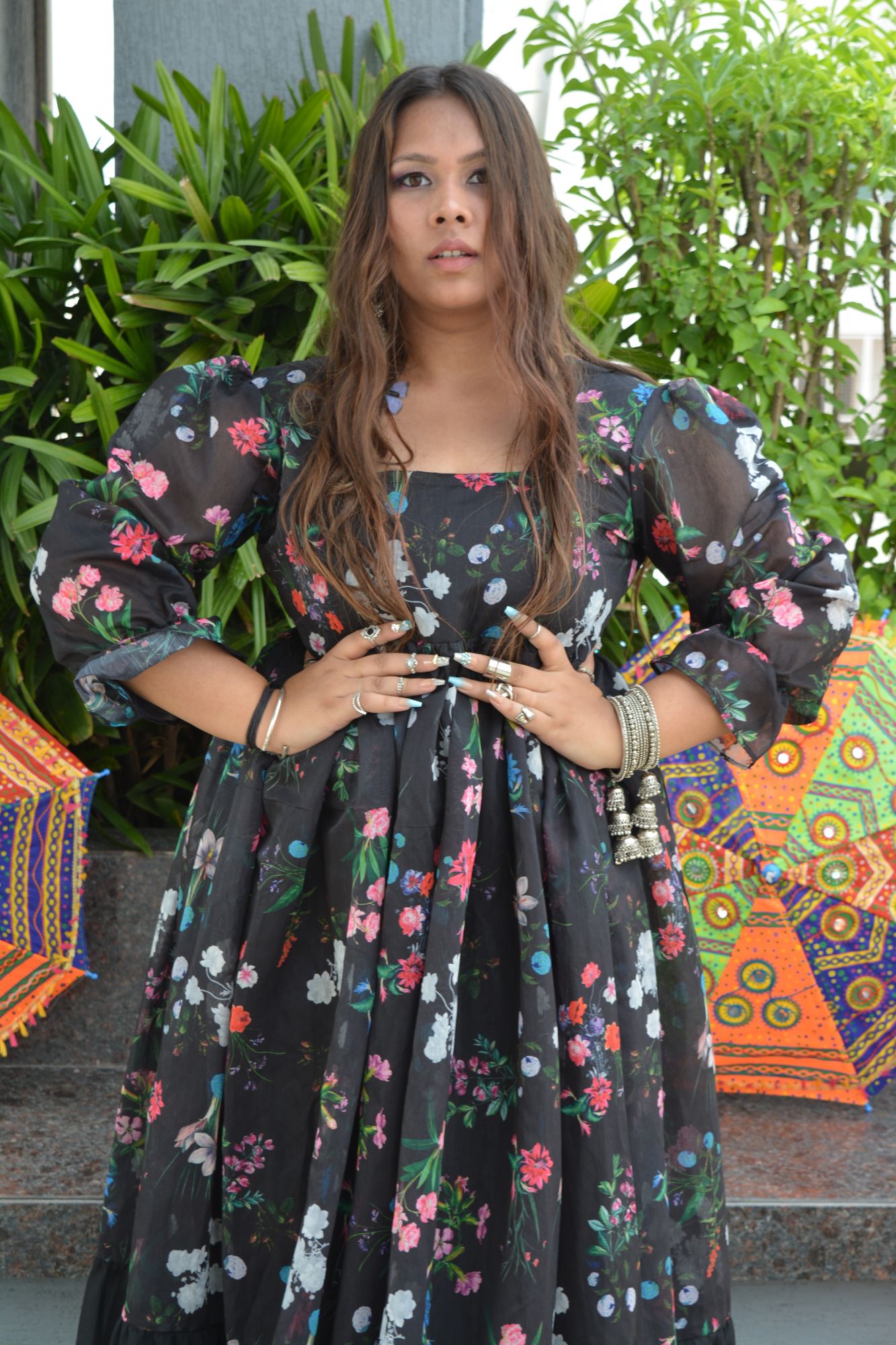 Black Floral Chanderi Dress
