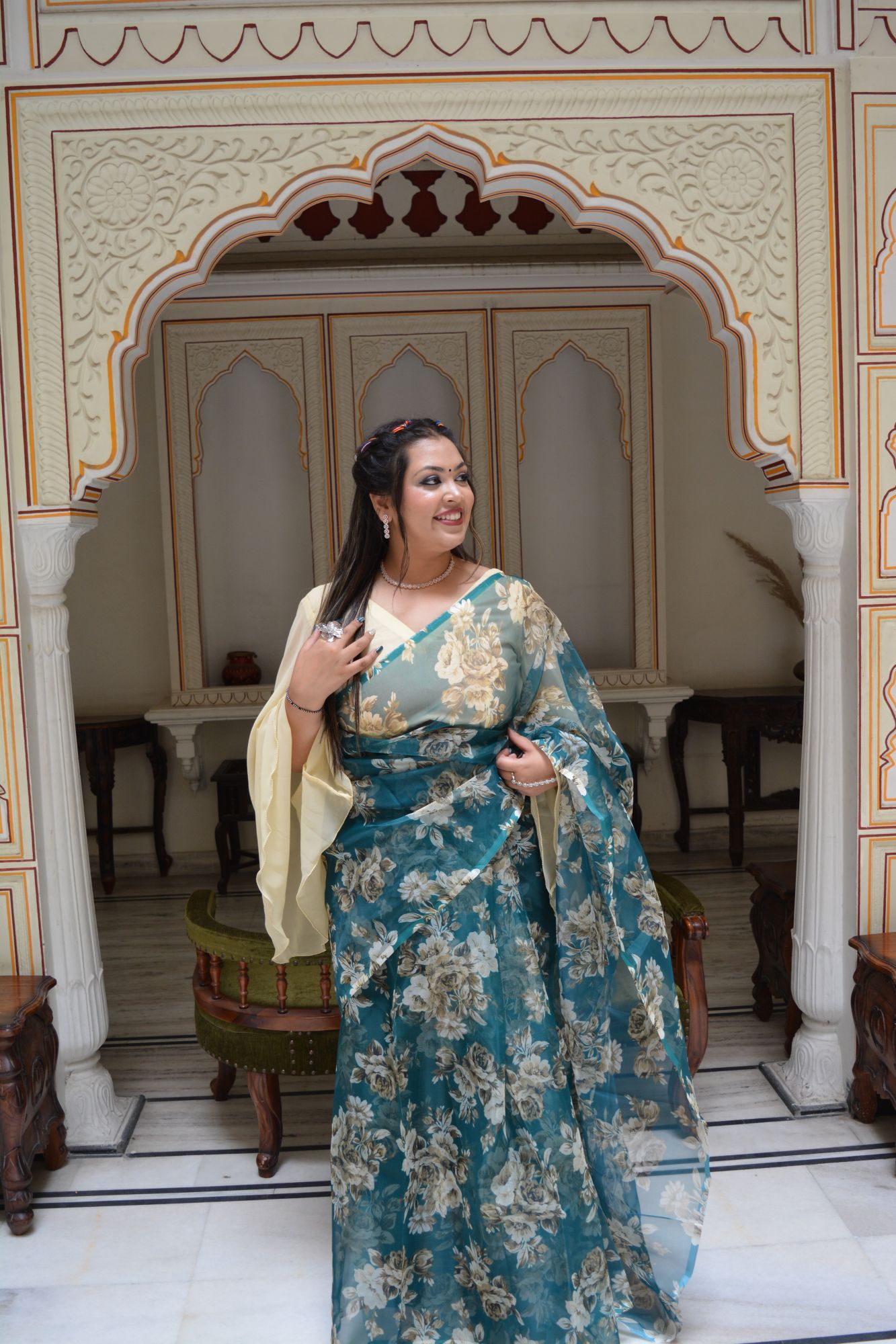 Teal Floral Orgenza Saree