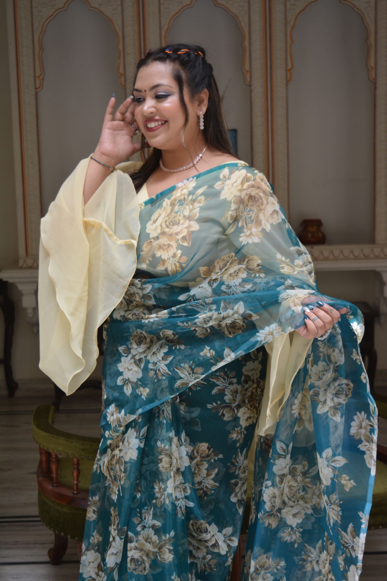 Teal Floral Orgenza Saree