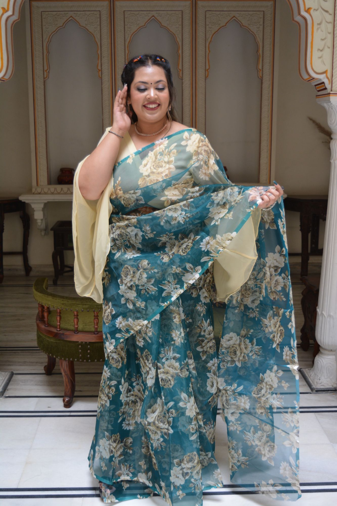 Teal Floral Orgenza Saree