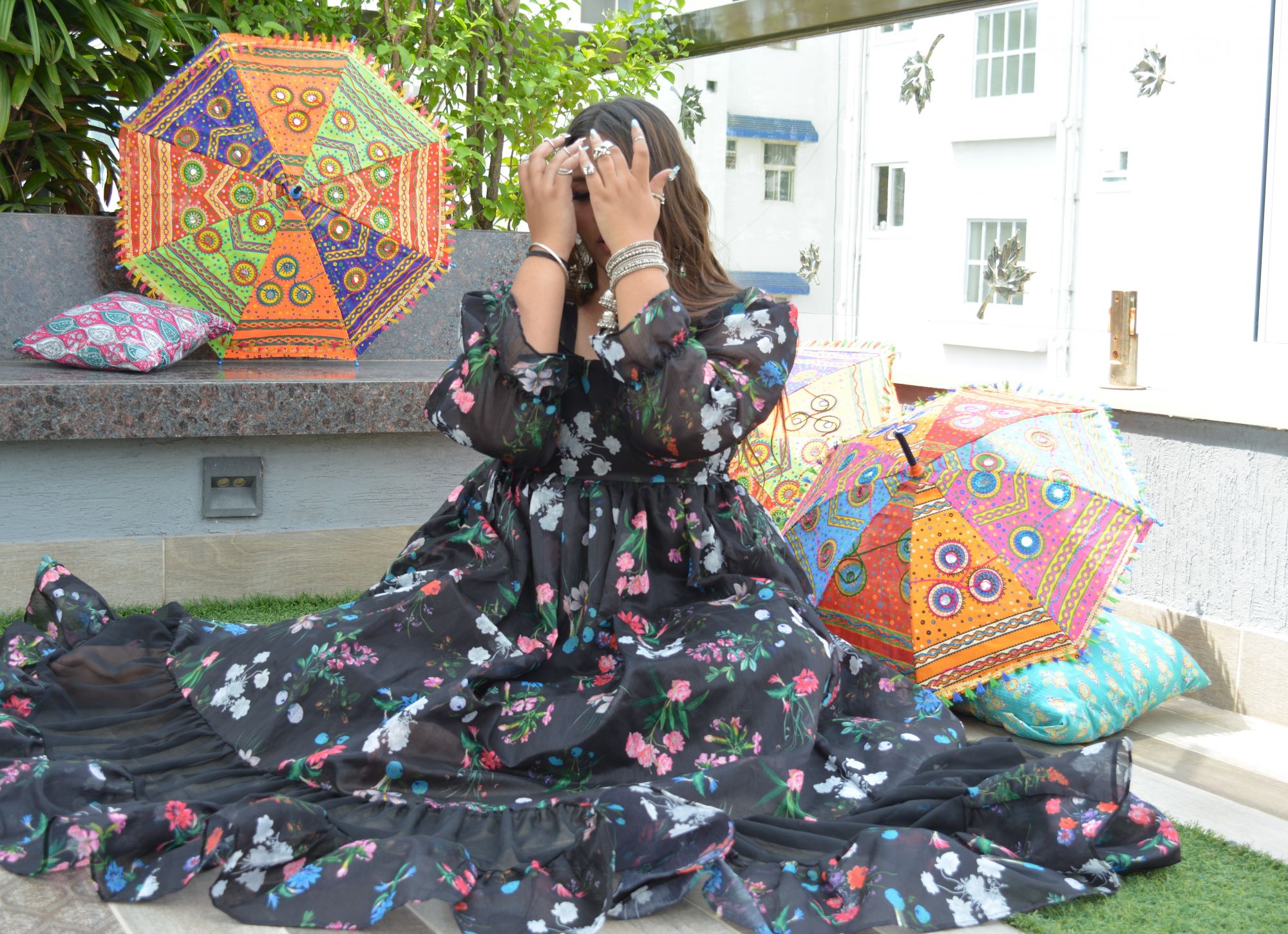 Black Floral Chanderi Dress