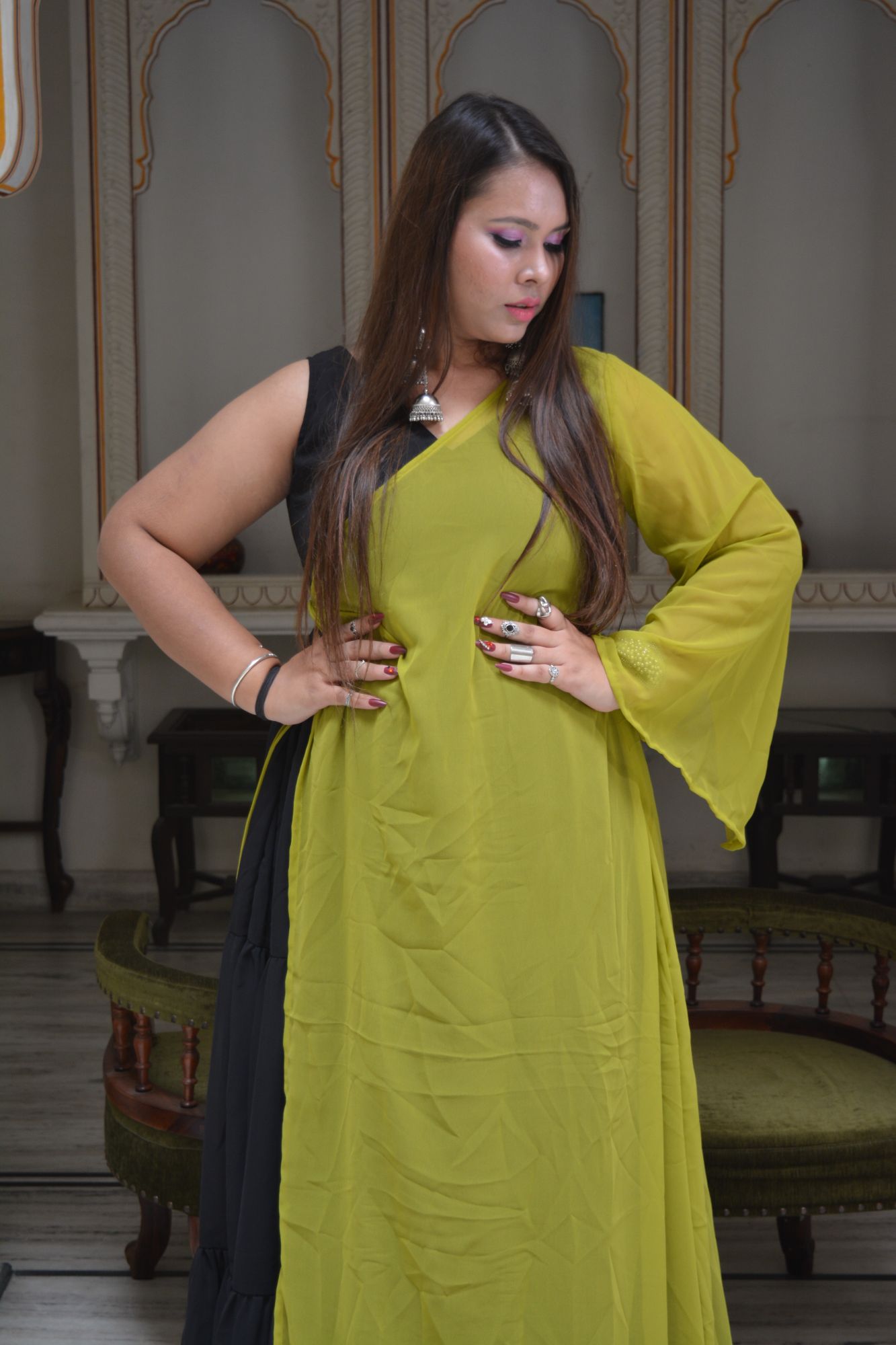 Black tiered dress with Green shrug