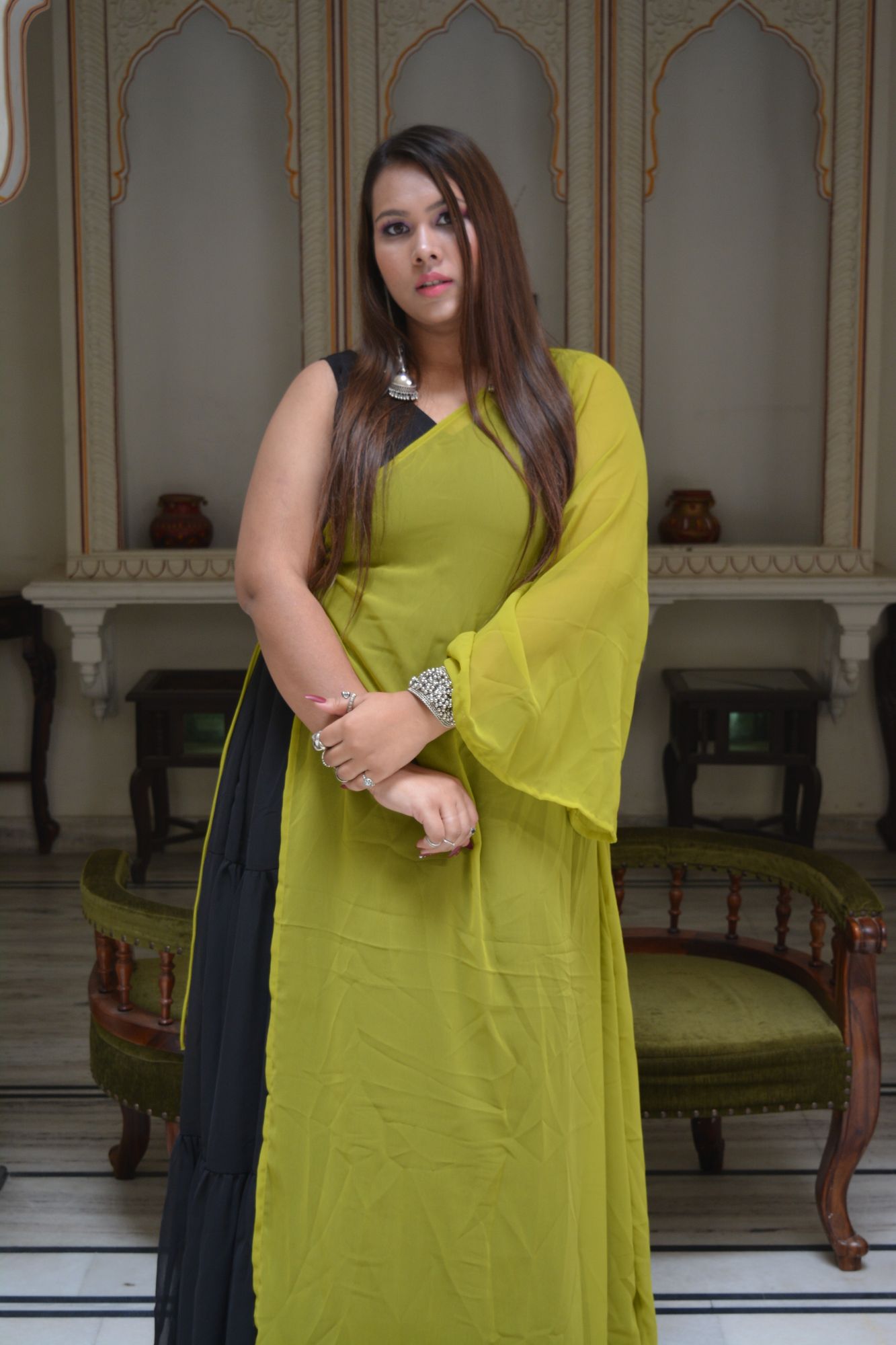 Black tiered dress with Green shrug