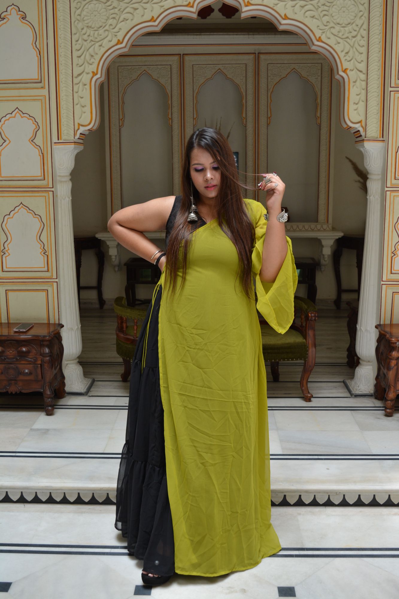 Black tiered dress with Green shrug