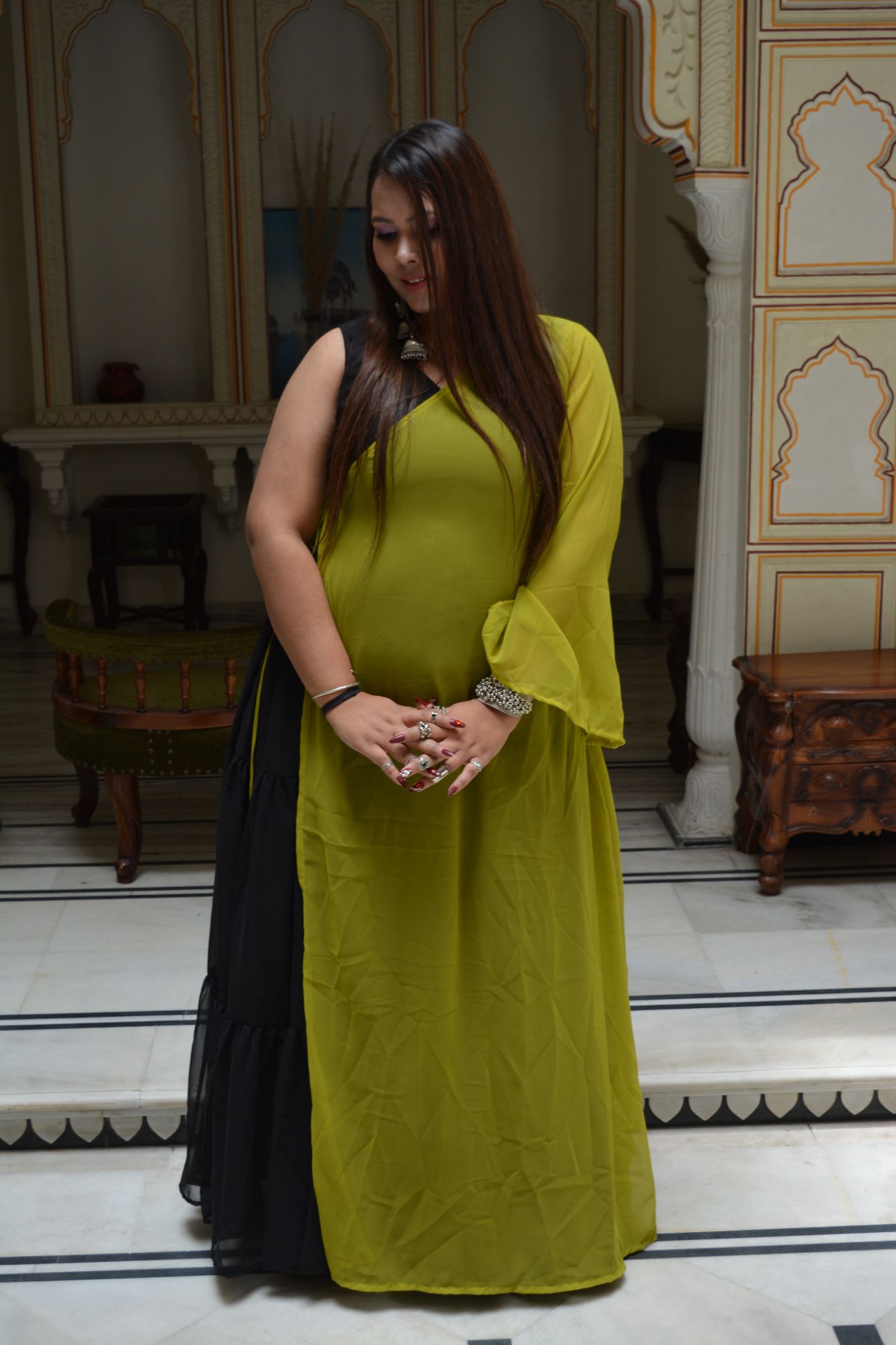 Black tiered dress with Green shrug