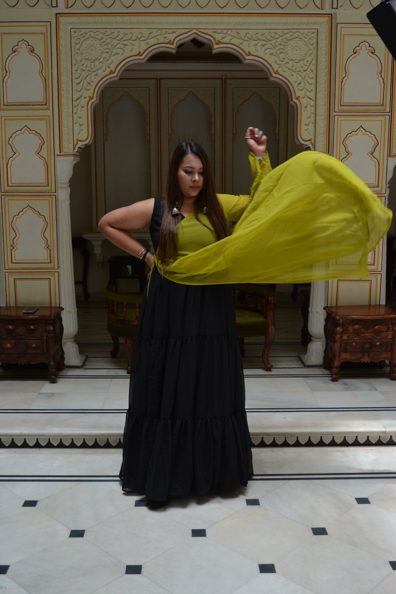 Black tiered dress with Green shrug