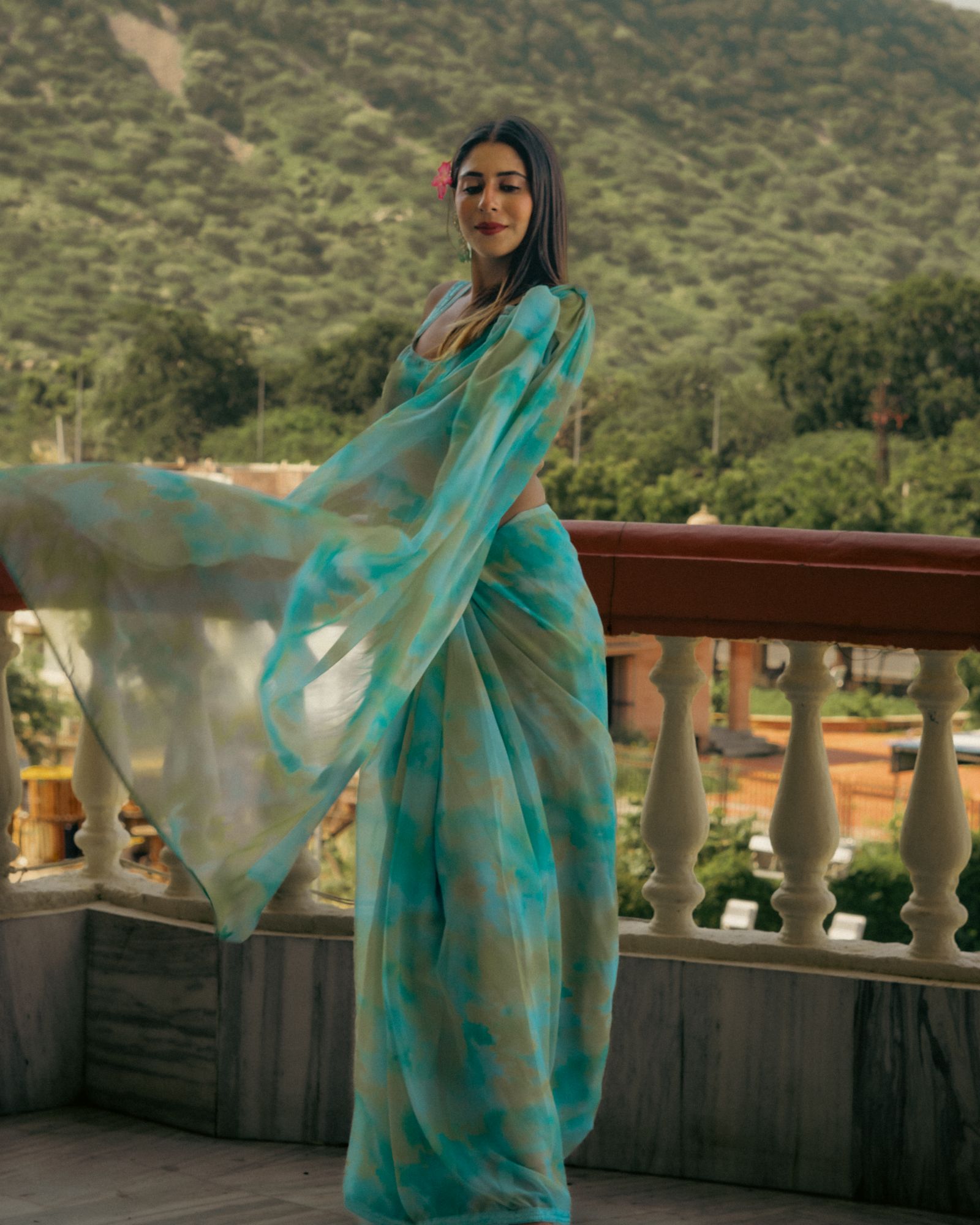 Green and blue custum saree