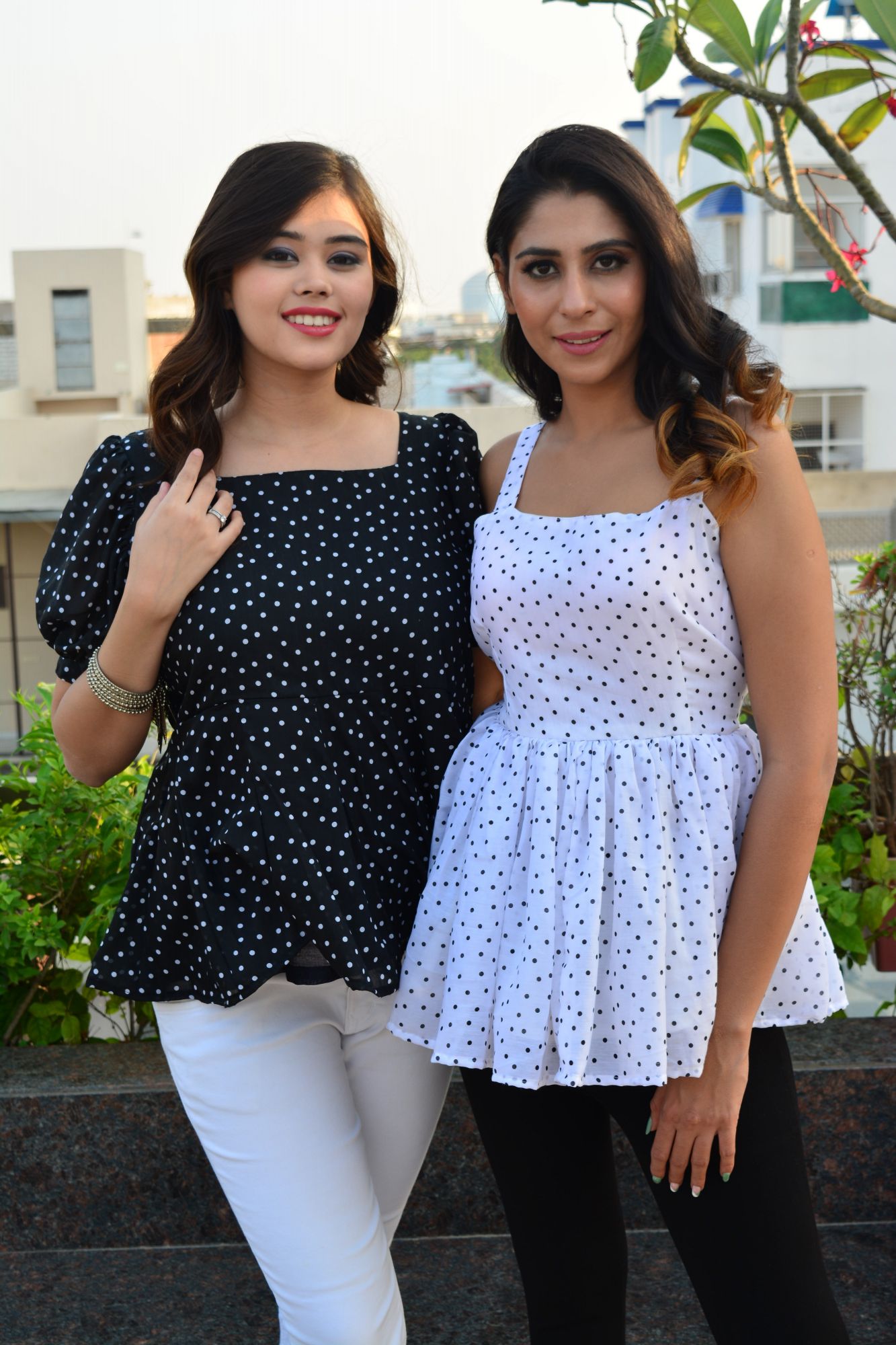 White polka dot top
