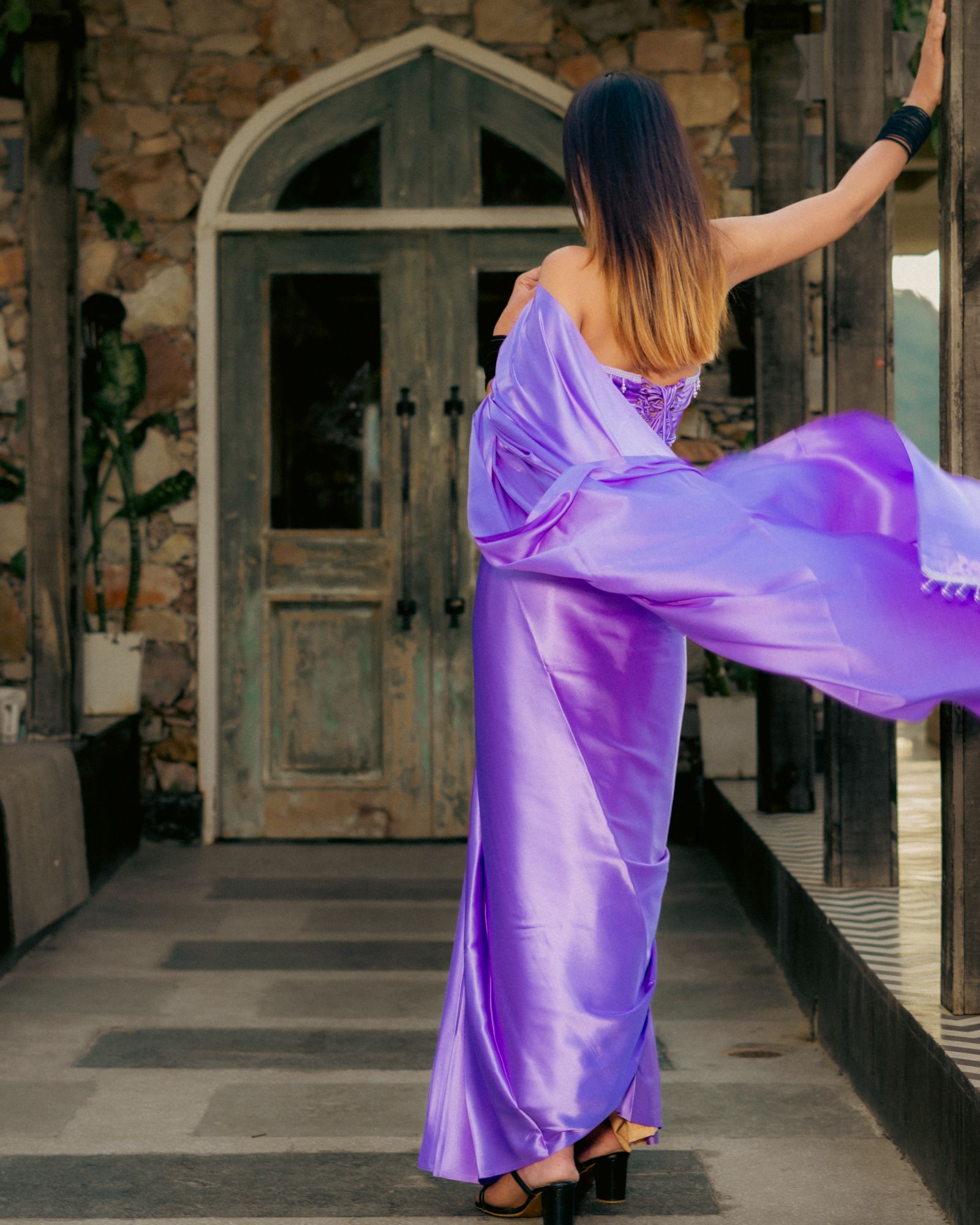 Lilac satin saree