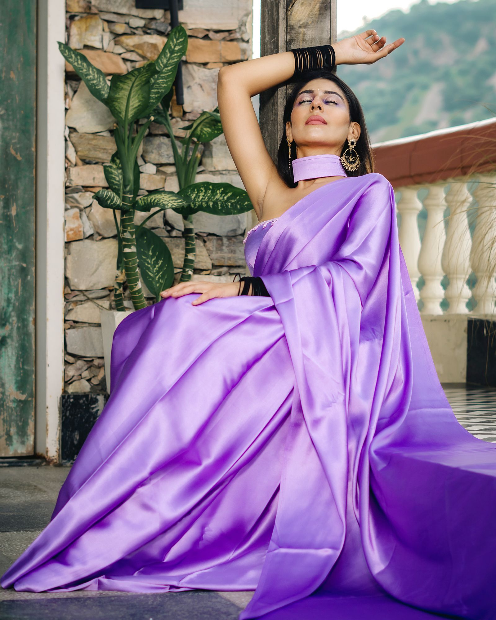 Lilac satin saree